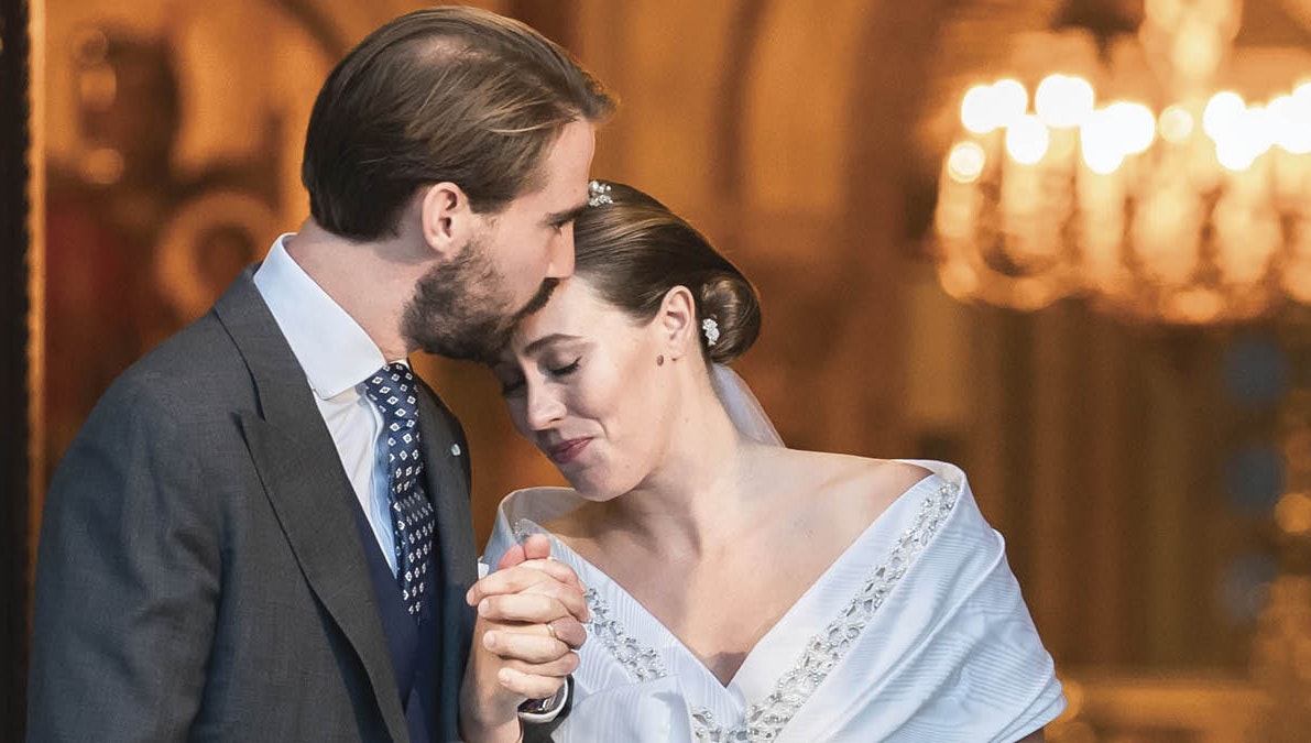 Prins Philippos og prinsesse Nina på bryllupsdagen 23. oktober 2021 i Athen.
