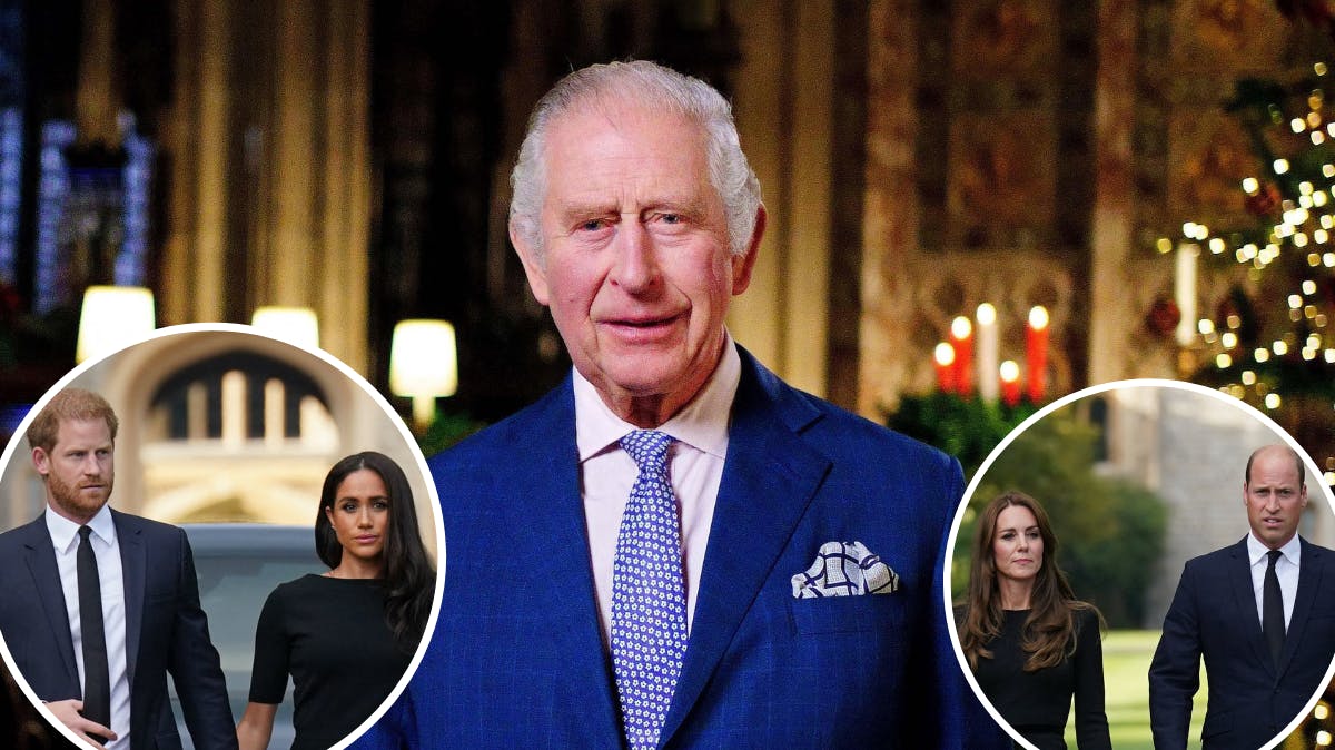 Kong Charles, prins Harry, Hertuginde Meghan, prinsesse Catherine og prins William
