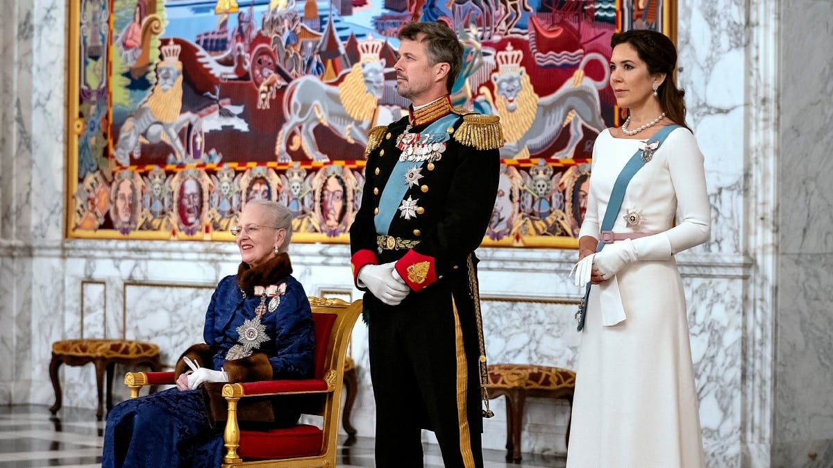 Dronning Margrethe og kronprinsparret til nytårskur på Christiansborg Slot i 2020.&nbsp;
