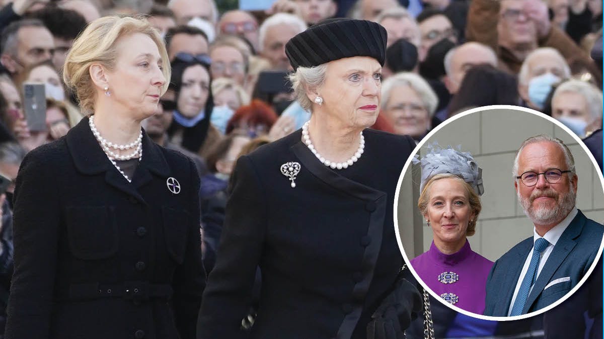 Prinsesse Alexandra og prinsesse Benedikte til kong Konstantins begravelse. Indsat: Prinsesse Alexandra og grev Michael.