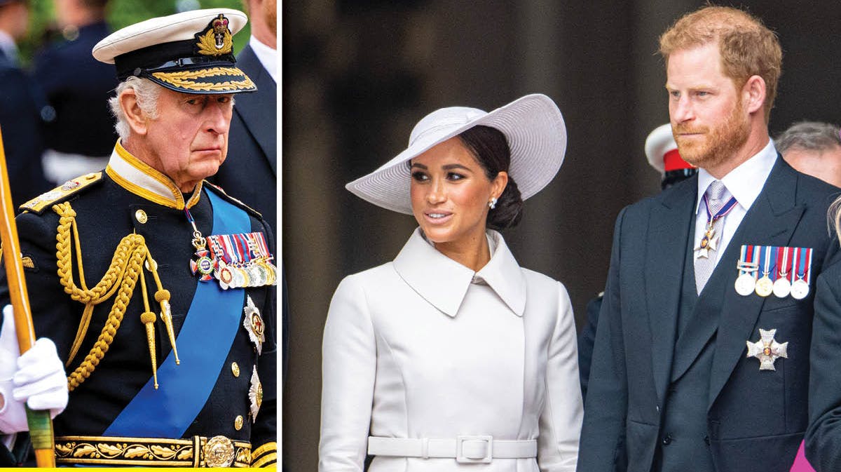 Kong Charles, hertuginde Meghan og prins Harry.