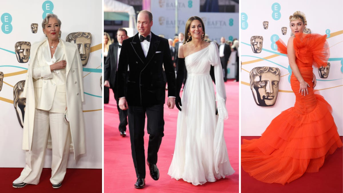 Emma Thompson, prins William og prinsesse Catherine samt Florence Pugh til BAFTA 2023. Klik videre og se de glamourøse looks fra prisuddelingen.