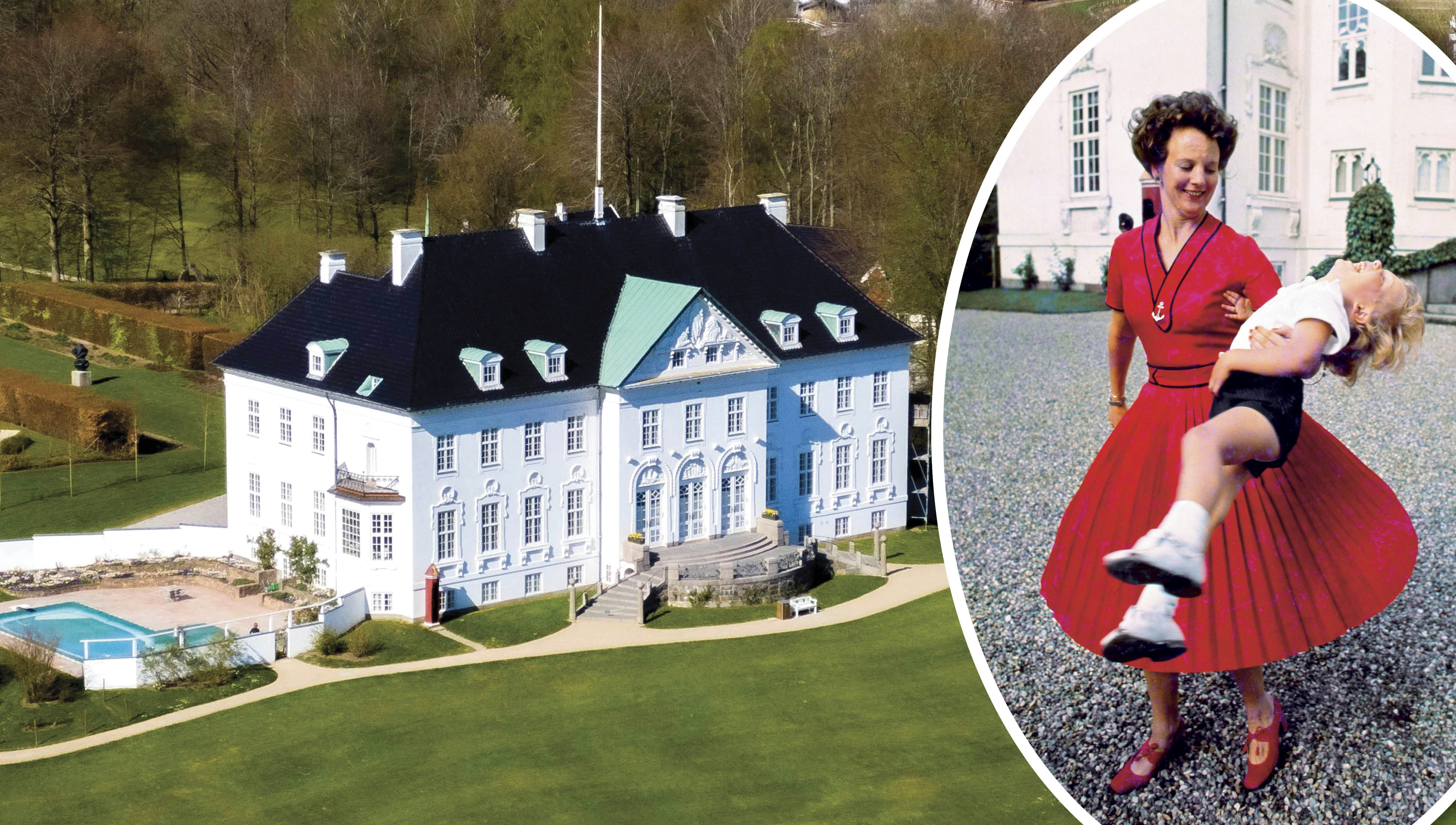 Marselisborg Slot ved Aarhus. Indsat: Dronning Margrethe give lille prins Joachim en sjov svingtur ved slottet i 1970'erne.&nbsp;
