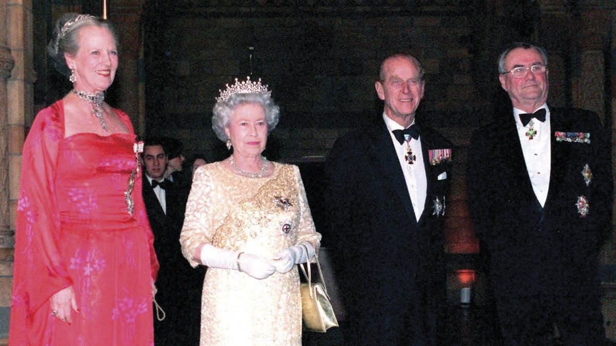 Dronning Margrethe, dronning Elizabeth, prins Philip og prins Henrik i London, 2000.
