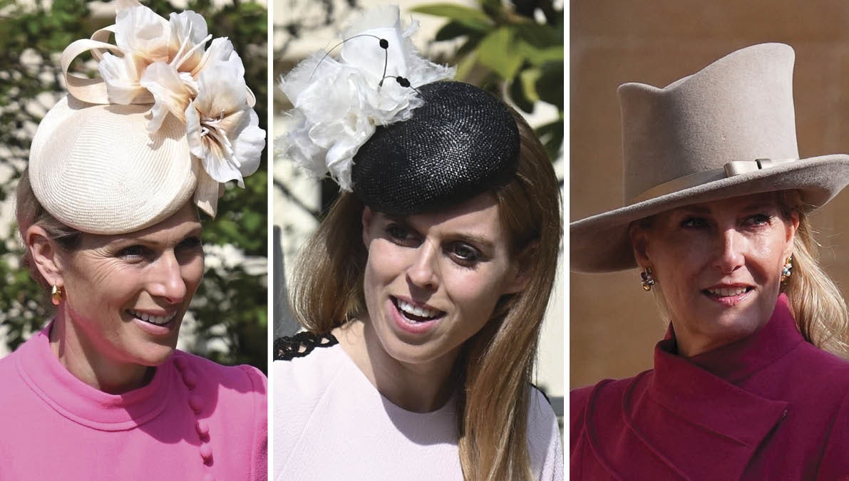 Zara Tindall, prinsesse Beatrice og hertuginde Sophie til påskegudstjeneste i St. George's Chapel i Windsor.