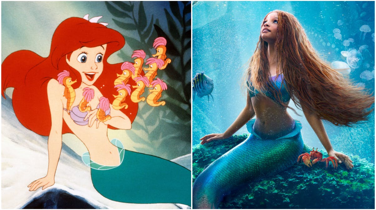 "Den lille havfrue" fra henholdsvis 1989 og 2023.