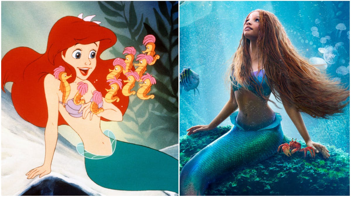 "Den lille havfrue" fra henholdsvis 1989 og 2023.