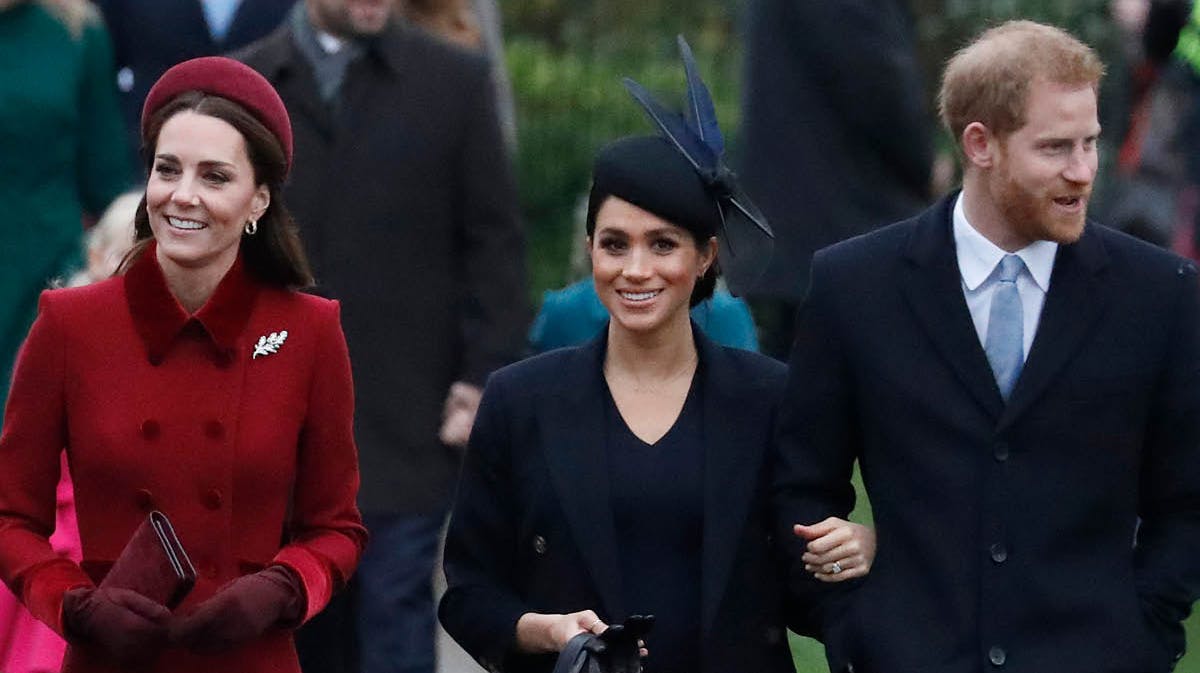 Prinsesse Kate, hertuginde Meghan og prins Harry. 