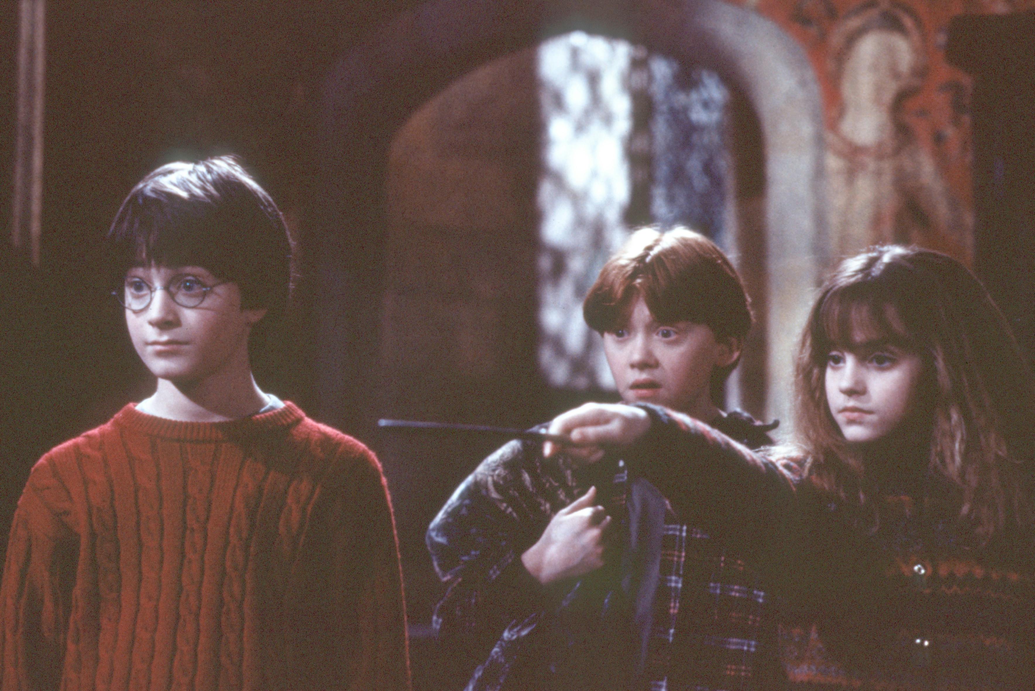 Daniel Radcliffe, Rupert Grint og Emma Watson i rollerne som Harry Potter, Ron Weasley og Hermione Granger. 