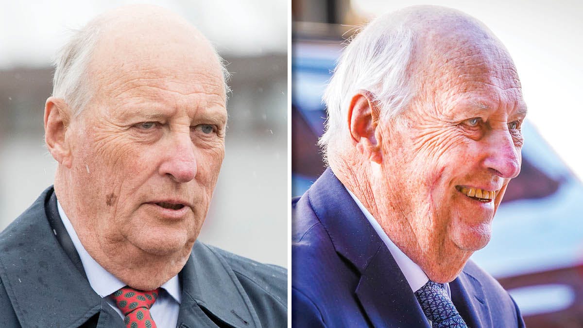 Til venstre ses kong Harald i 2017, til højre kort efter operationen i 2023. 