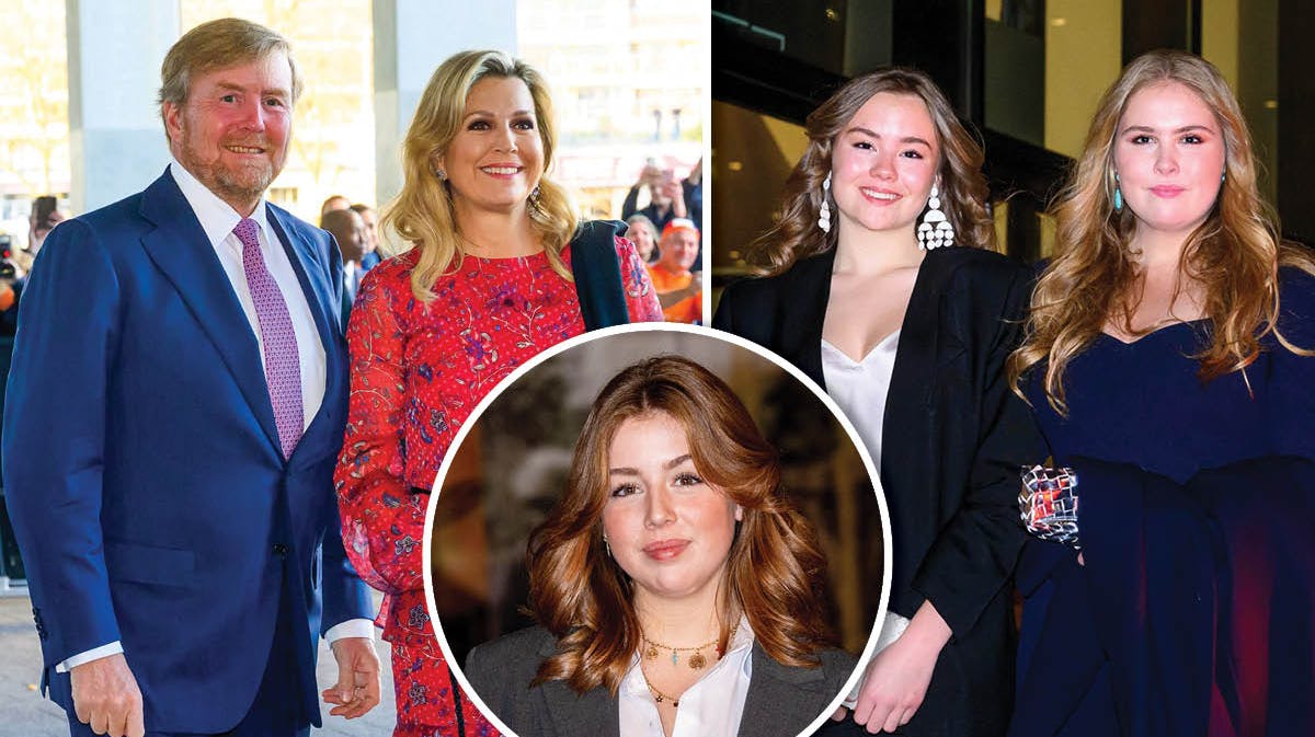 Kong Willem-Alexander og dronning Maxima til venstre. Døtrene prinsesse Ariane og prinsesse Amalia til højre. Indsat: Prinseses Alexia.