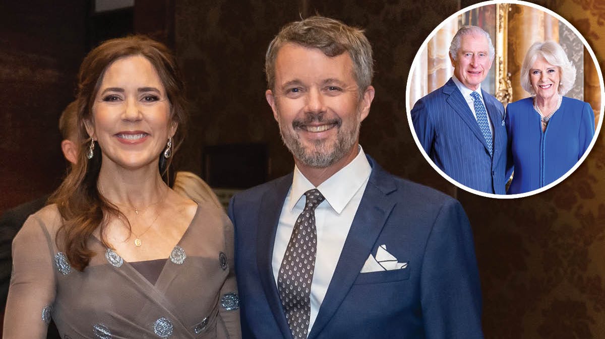 Kronprinsesse Mary og kronprins Frederik. Indsat: Kong Charles og dronning Camilla. 