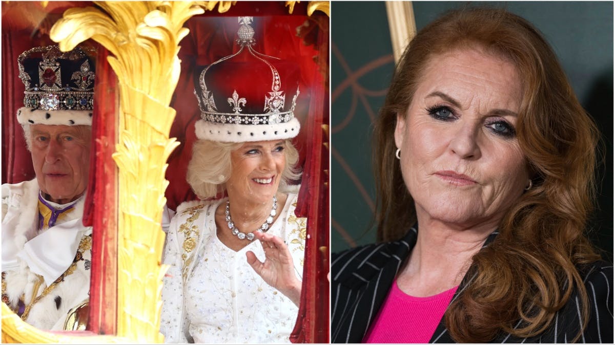 Sammensat foto af kong Charles og dronning Camilla efter kroningen i Westminster Abbey og hertuginde Sarah. 