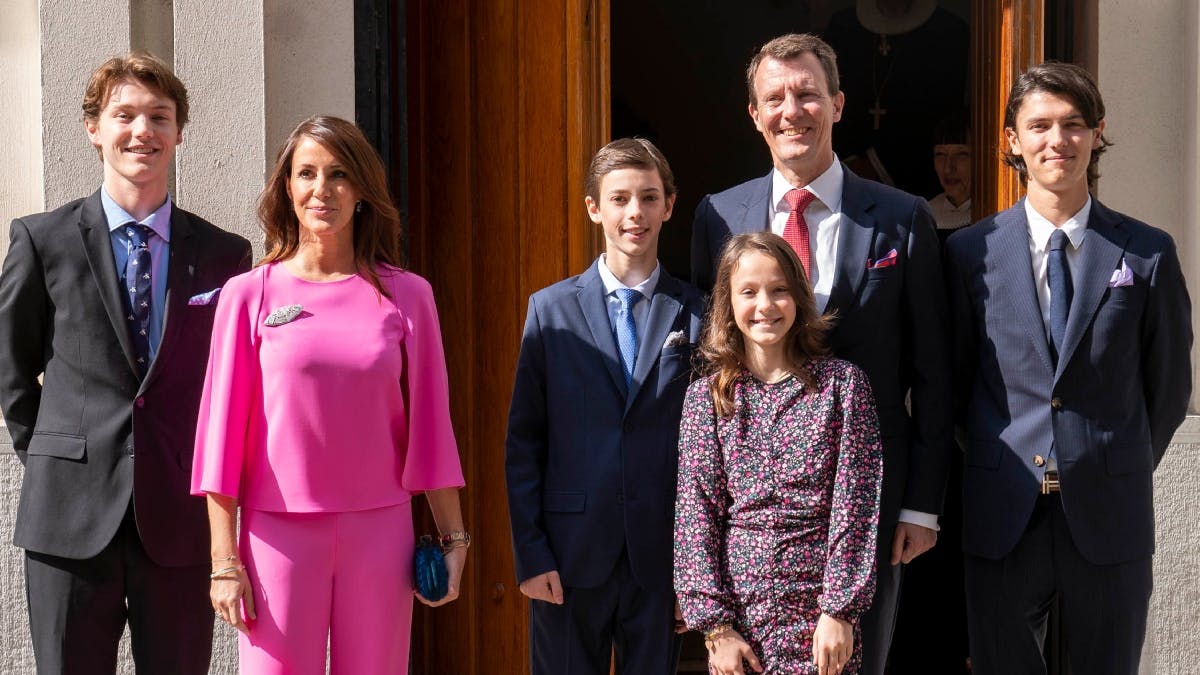 Grev Felix, prinsesse Marie, grev Henrik, komtesse Athena, prins Joachim og grev Nikolai.&nbsp;