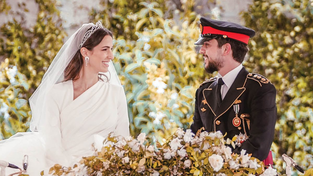 Kronprinsesse Rajwa og kronprins Hussein til brylluppet.