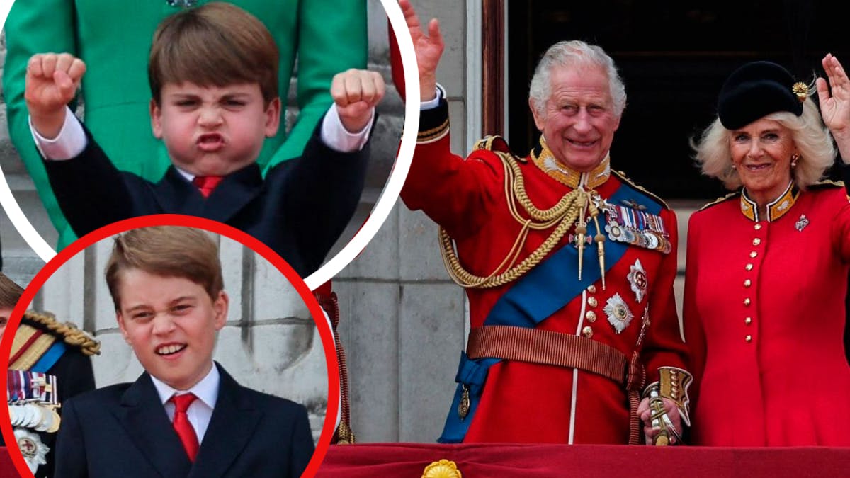 Øverst: Prins Louis. Nederst: Prins George. Til højre: Kong Charles og dronning Camilla.