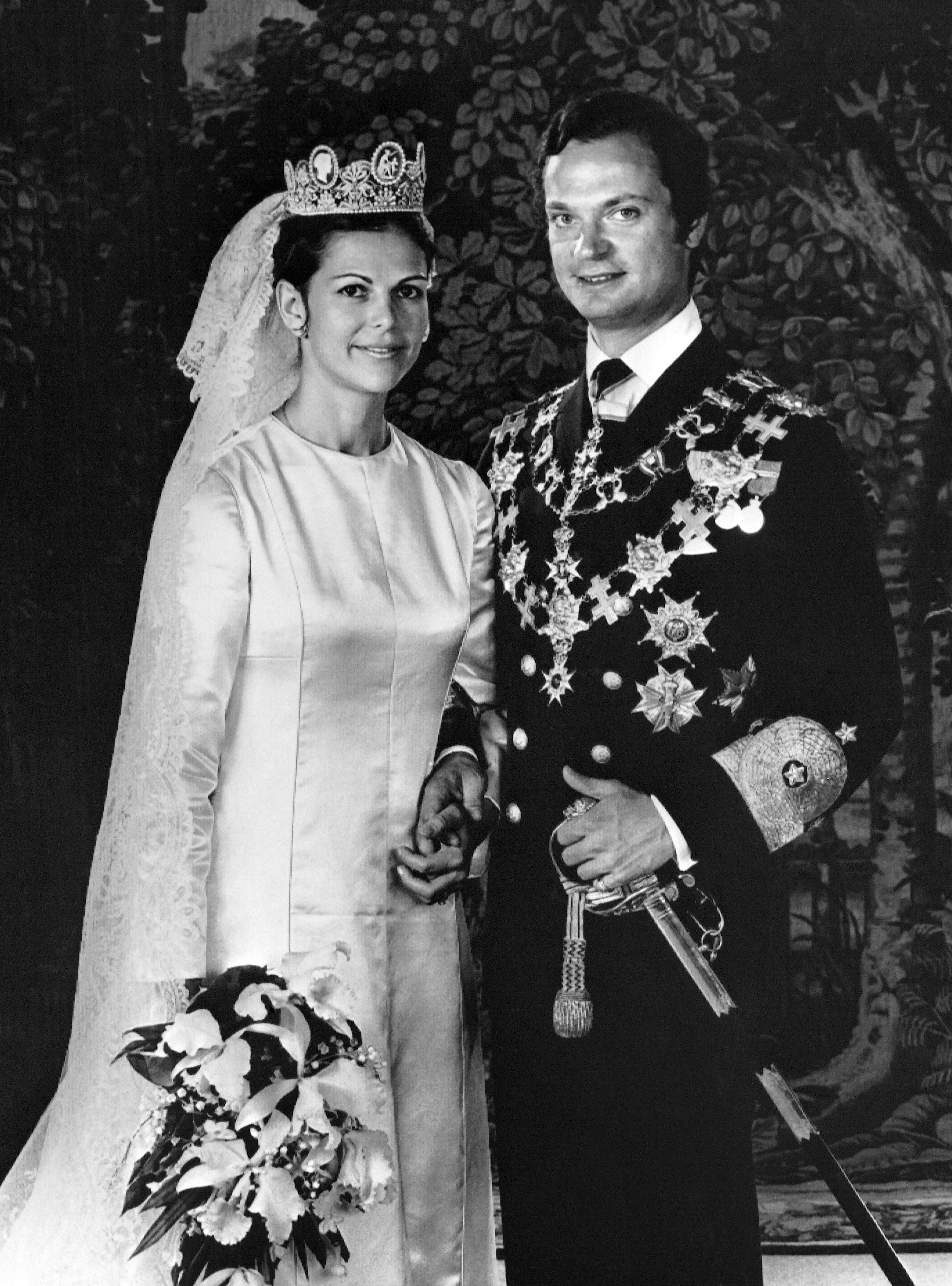 Dronning Silvia og kong Carl Gustaf ved brylluppet den 19. juni 1976.&nbsp;
