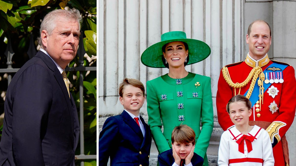 Prins Andrew og prins Williams familie på balkonen til Trooping the Colour. 