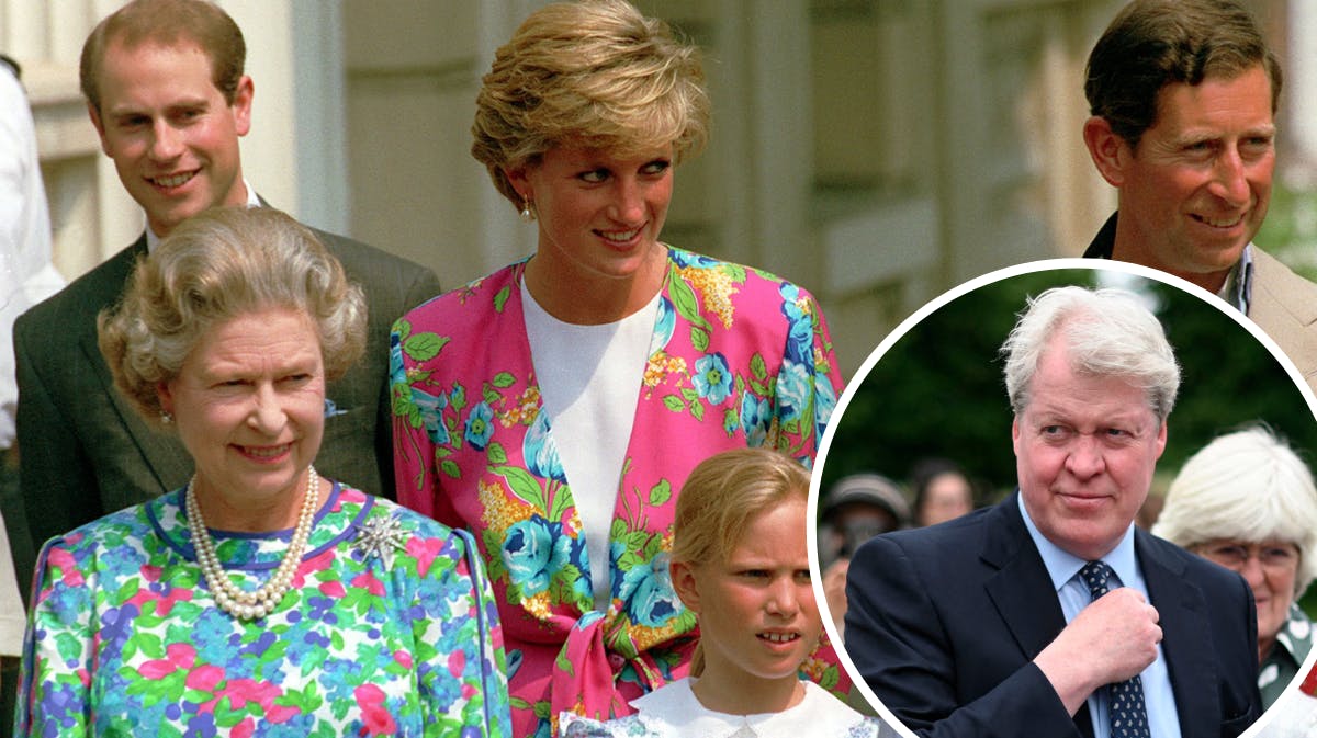 Prinsesse Diana med dronning Elizabeth, prins Edward og prins Charles i 1990, samt Charles Spencer i 2021. 
