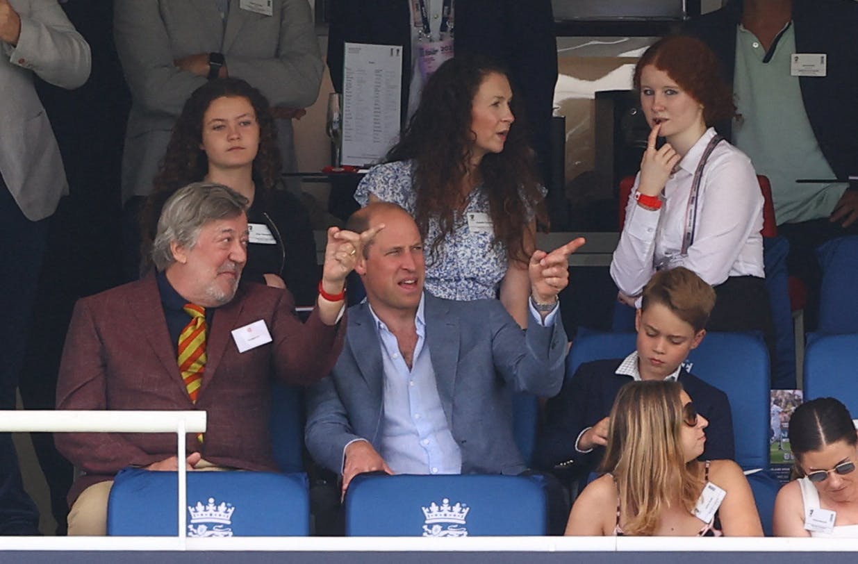 Cricket - Ashes - Second Test - England v Australia - Lords, London, Britain - July 1, 2023 President of Marylebone Cricket Club (MCC) Stephen Fry is pictured in the stands with Britain's Prince William, Prince of Wales and Prince George during the match Action Images via Reuters/Matthew Childs