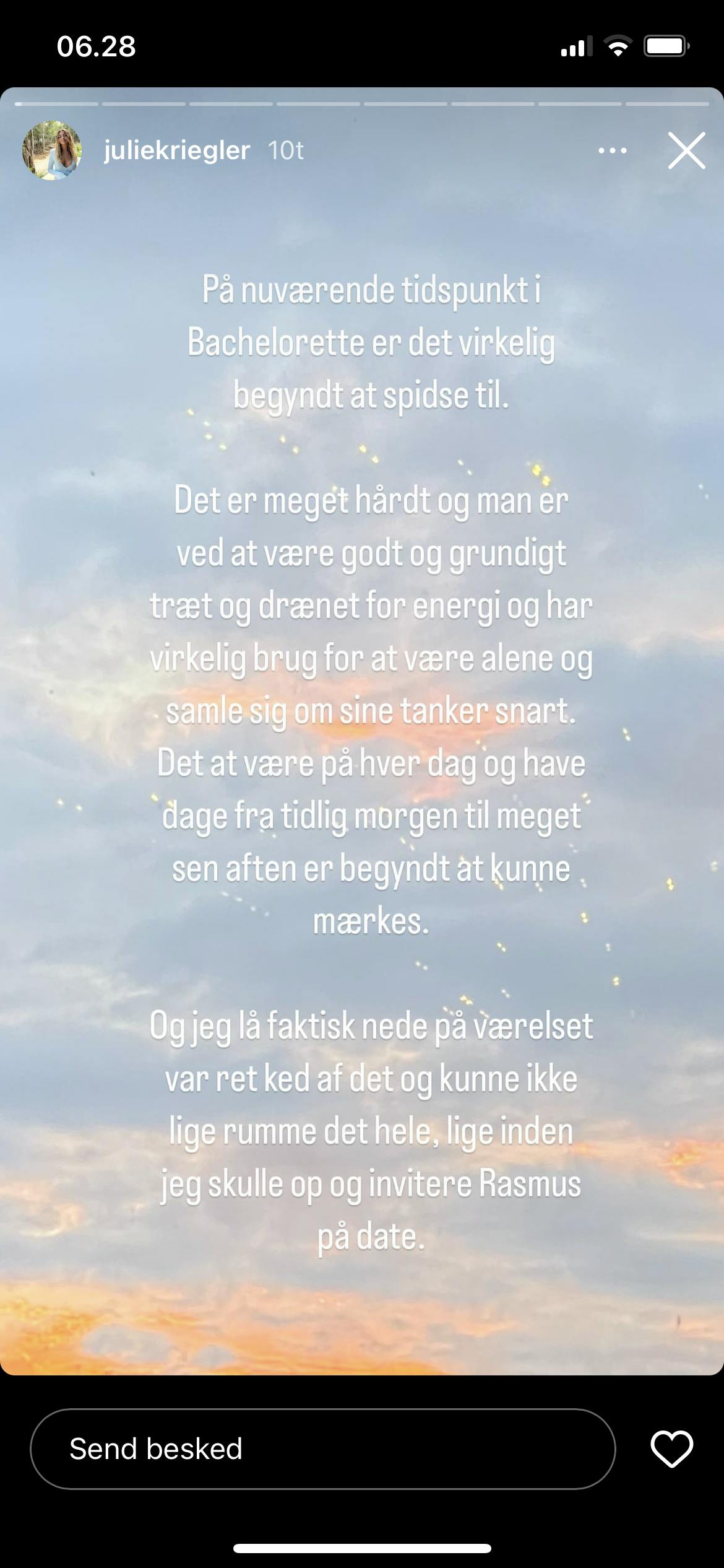 Screenshot af Julies story fra den 4. juli, hvor hun beskriver sine følelser forud for daten med Rasmus.&nbsp;
