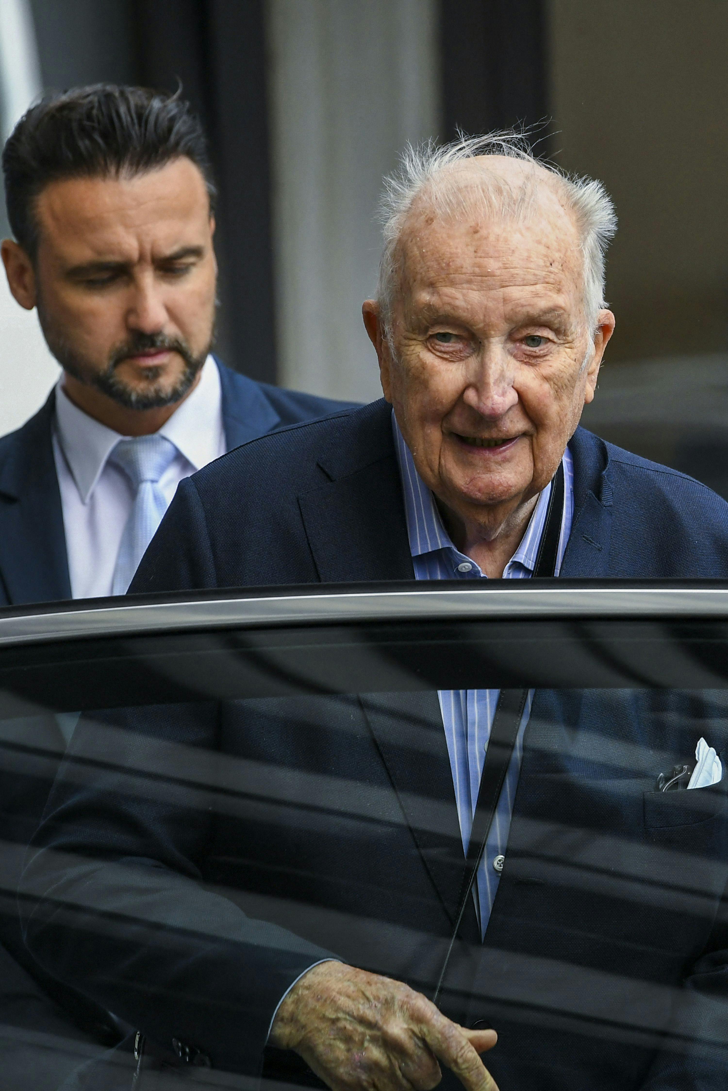 King Albert II of Belgium eaves the Saint-Luc hospital in Brussels, on July 5, 2023. Eighty-nine year-old King Albert II left hospital, a week after he was admitted to the hospital with dehydration symptoms. (Photo by FREDERIC SIERAKOWSKI / Belga / AFP) / Belgium OUT