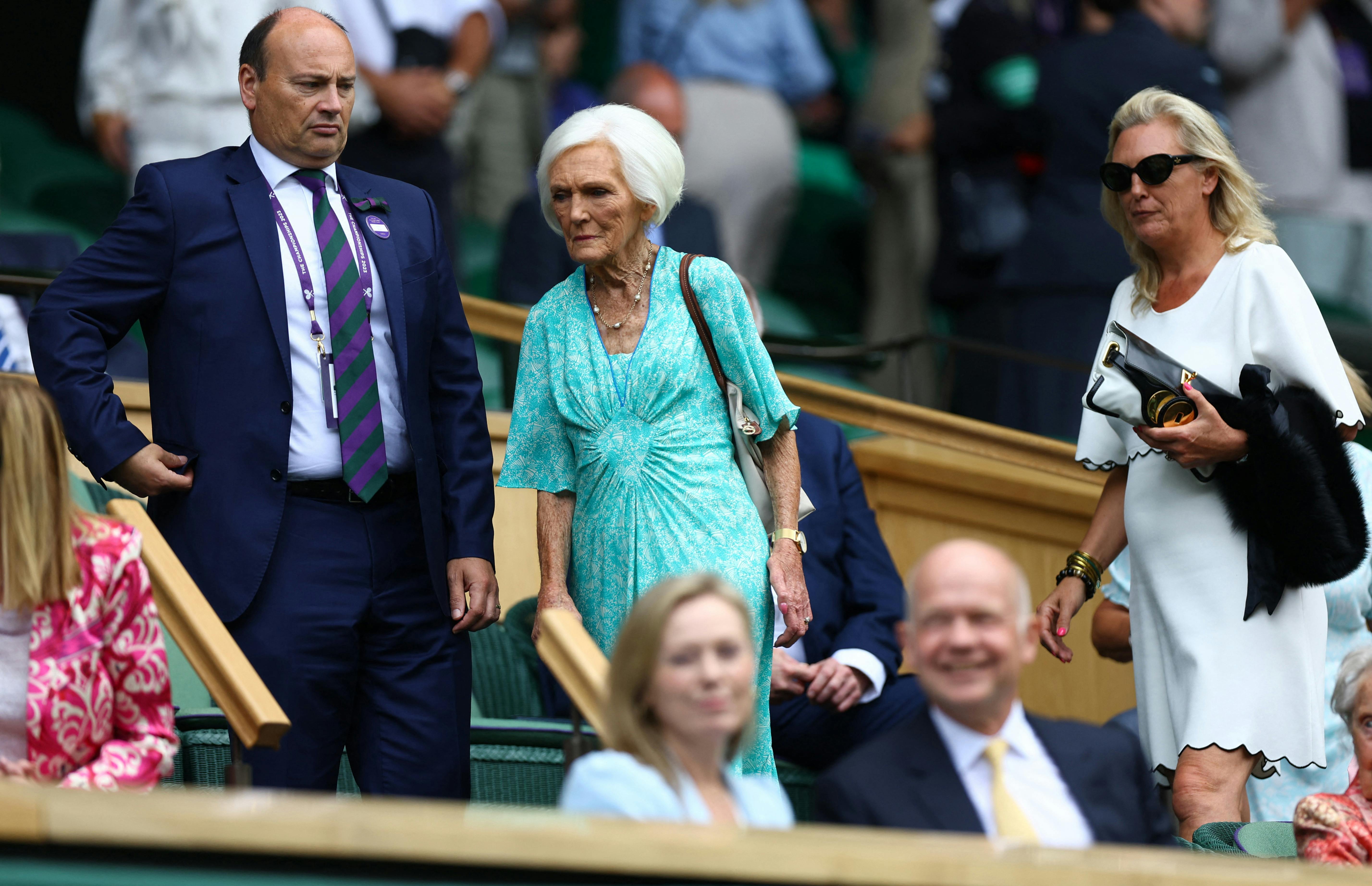 Tennis - Wimbledon - All England Lawn Tennis and Croquet Club, London, Britain - July 12, 2023 TV personality Mary Berry arrives in the royal box on centre court before the start of play REUTERS/Hannah Mckay