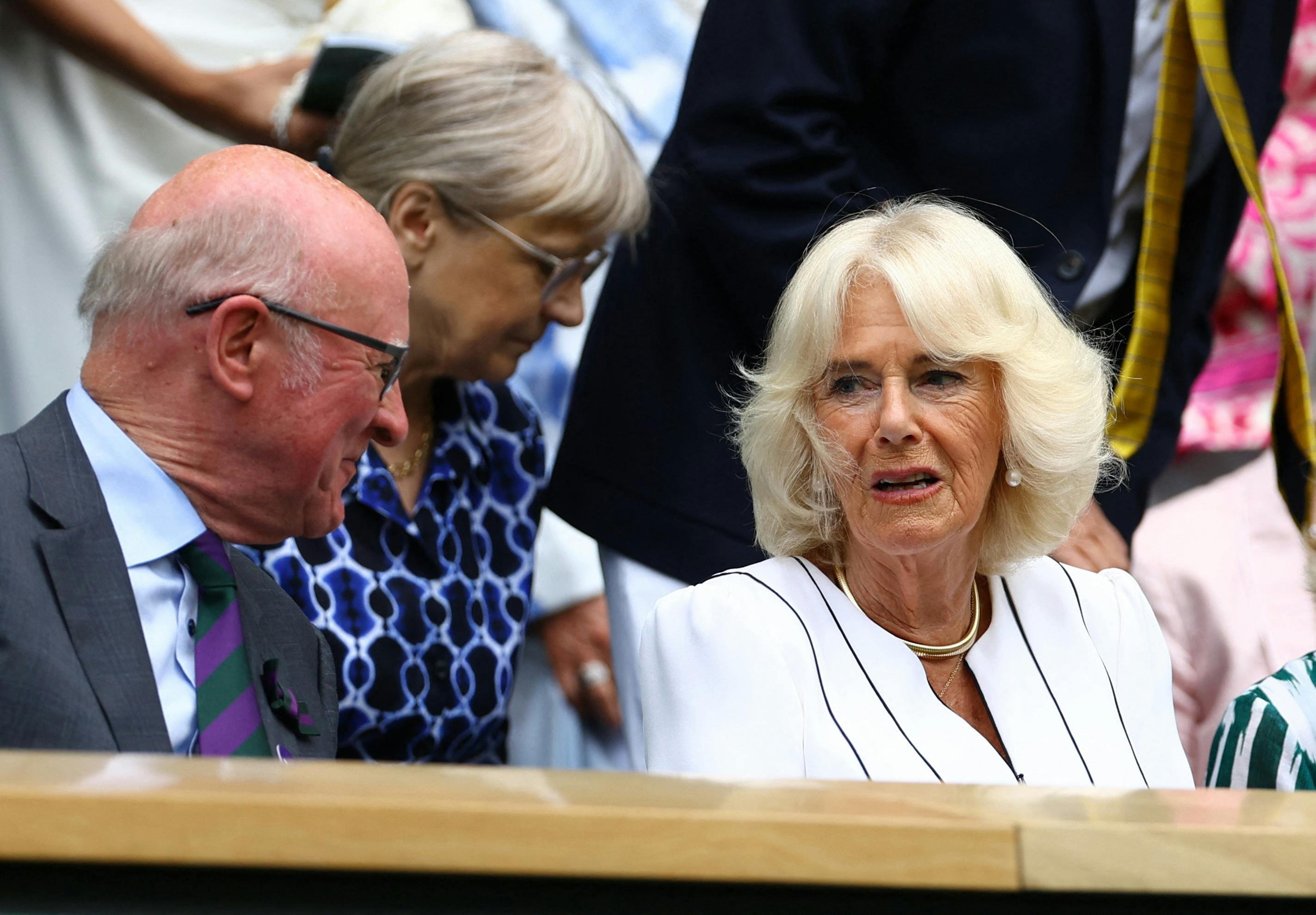 Tennis - Wimbledon - All England Lawn Tennis and Croquet Club, London, Britain - July 12, 2023 Britain's Queen Camilla in the royal box on centre court before the start of play REUTERS/Hannah Mckay