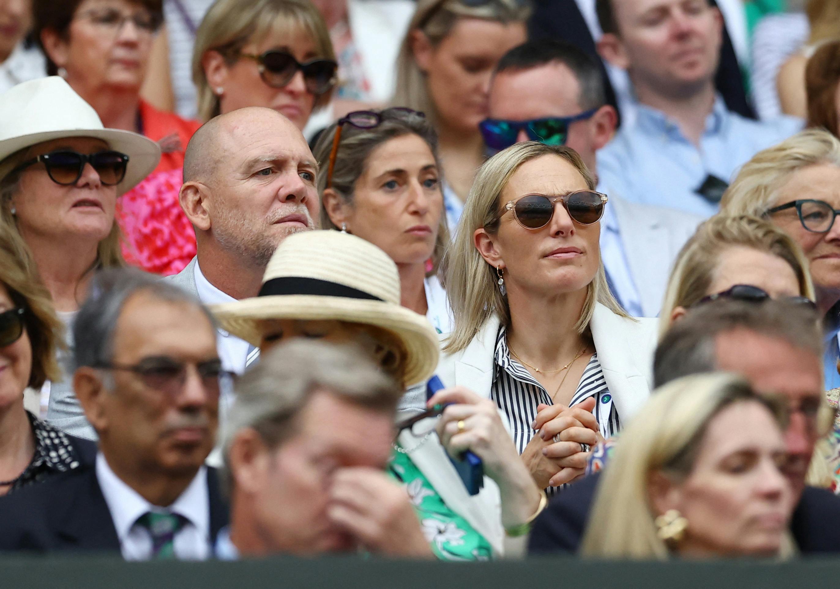 Tennis - Wimbledon - All England Lawn Tennis and Croquet Club, London, Britain - July 12, 2023 Zara Tindall and her husband Mike Tindall are seen during the quarter final match between Tunisia's Ons Jabeur and Kazakhstan's Elena Rybakina REUTERS/Hannah Mckay