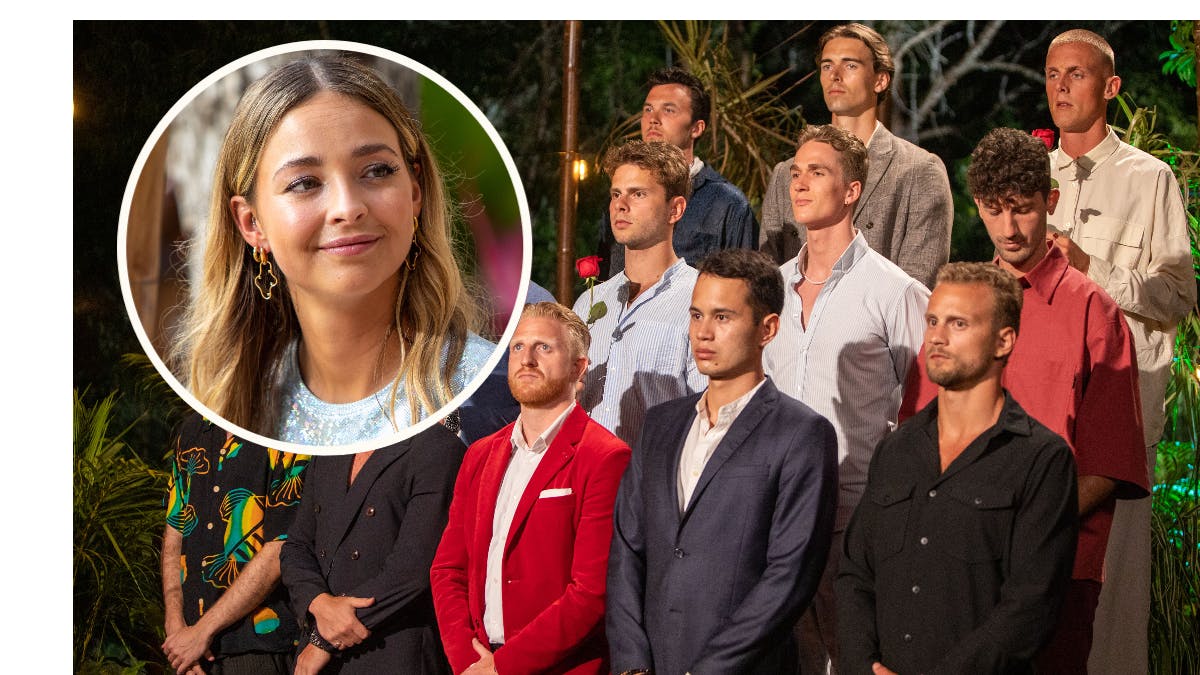 Julie og en række af mændene fra TV 2-programmet "Bachelorette".&nbsp;