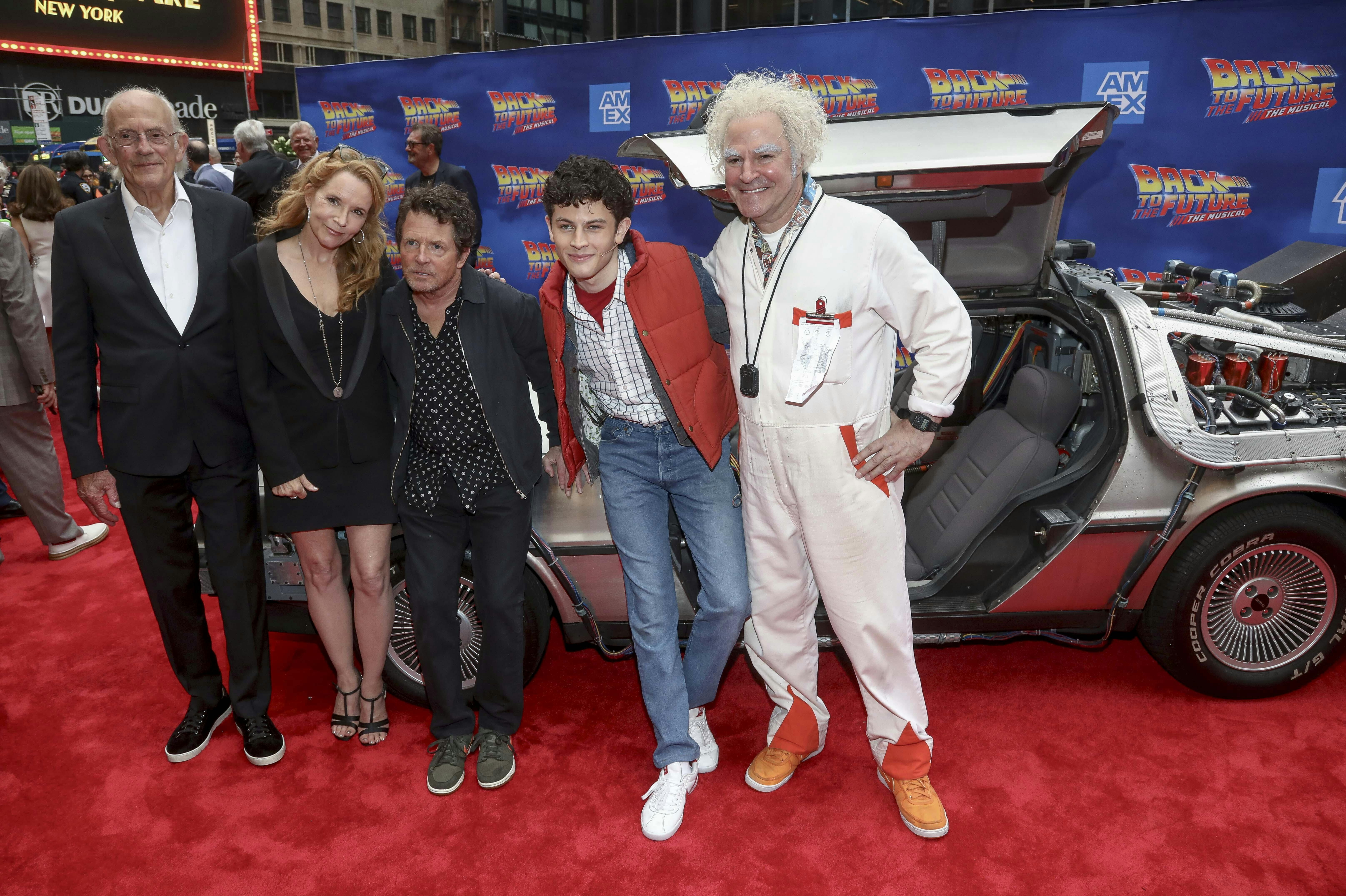 Actors Christopher Lloyd, from left, Lea Thompson, Michael J. Fox, Casey Likes and Roger Bart attend the "Back to the Future: The Musical" Broadway opening at the Winter Garden Theatre on Tuesday, July 25, 2023, in New York. (Photo by Andy Kropa/Invision/AP)