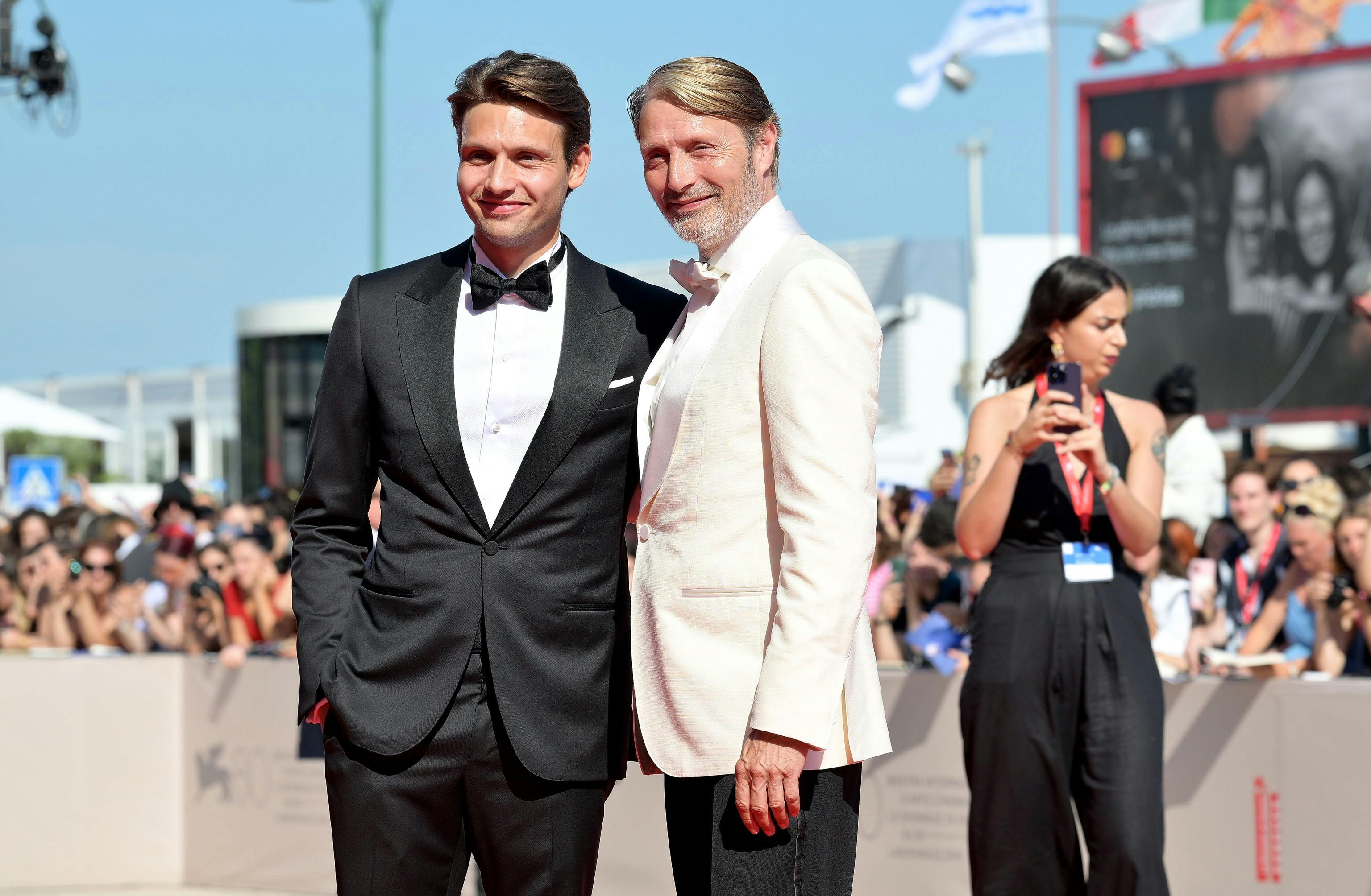 epa10833842 Danish actor/cast member Mads Mikkelsen (R) and Carl Jacobsen Mikkelsen arrive for the premiere of 'Bastarden' during the 80th annual Venice International Film Festival, in Venice, Italy, 01 September 2023. The movie is presented in the official competition 'Venezia 80' at the festival running from 30 August to 09 September 2023. EPA/ETTORE FERRARI