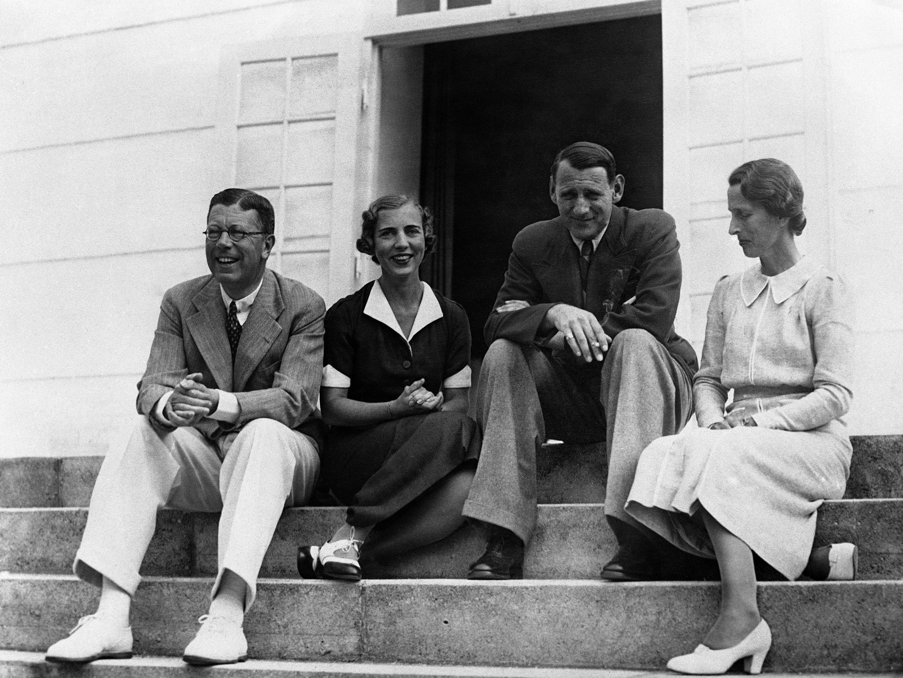 Crown Prince Gustaf Adolf and Crown Princess Louise of Sweden are at present paying a visit to the Danish Crown Prince Frederick and Crown Princess Ingrid at their summer residence, Graasten Castle, Sonderjutland, Denmark, on Sept. 2, 1937. The happy family group on the steps of the castle, from left to right are, Crown Prince Gustaf Adolf, his daughter the Danish Crown Princess Ingrid, Crown Prince Frederick and Crown Princess Louise of Sweden. (AP Photo)