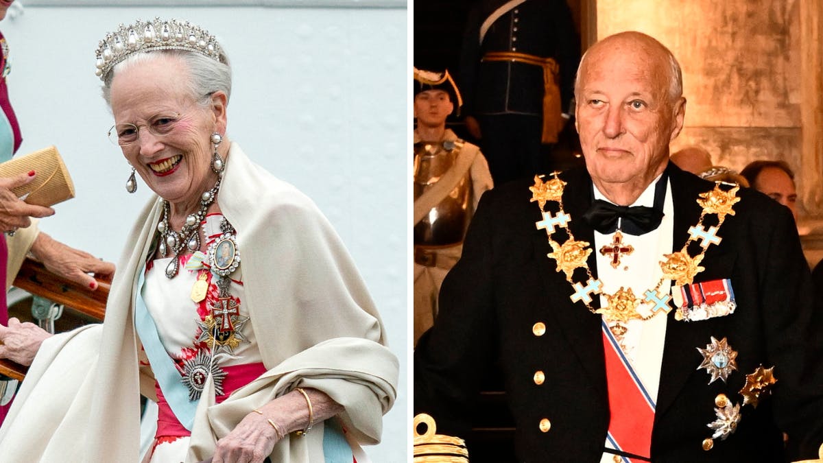 Dronning Margrethe og kong Harald under fejringen af Sveriges kong Carl Gustaf.&nbsp;