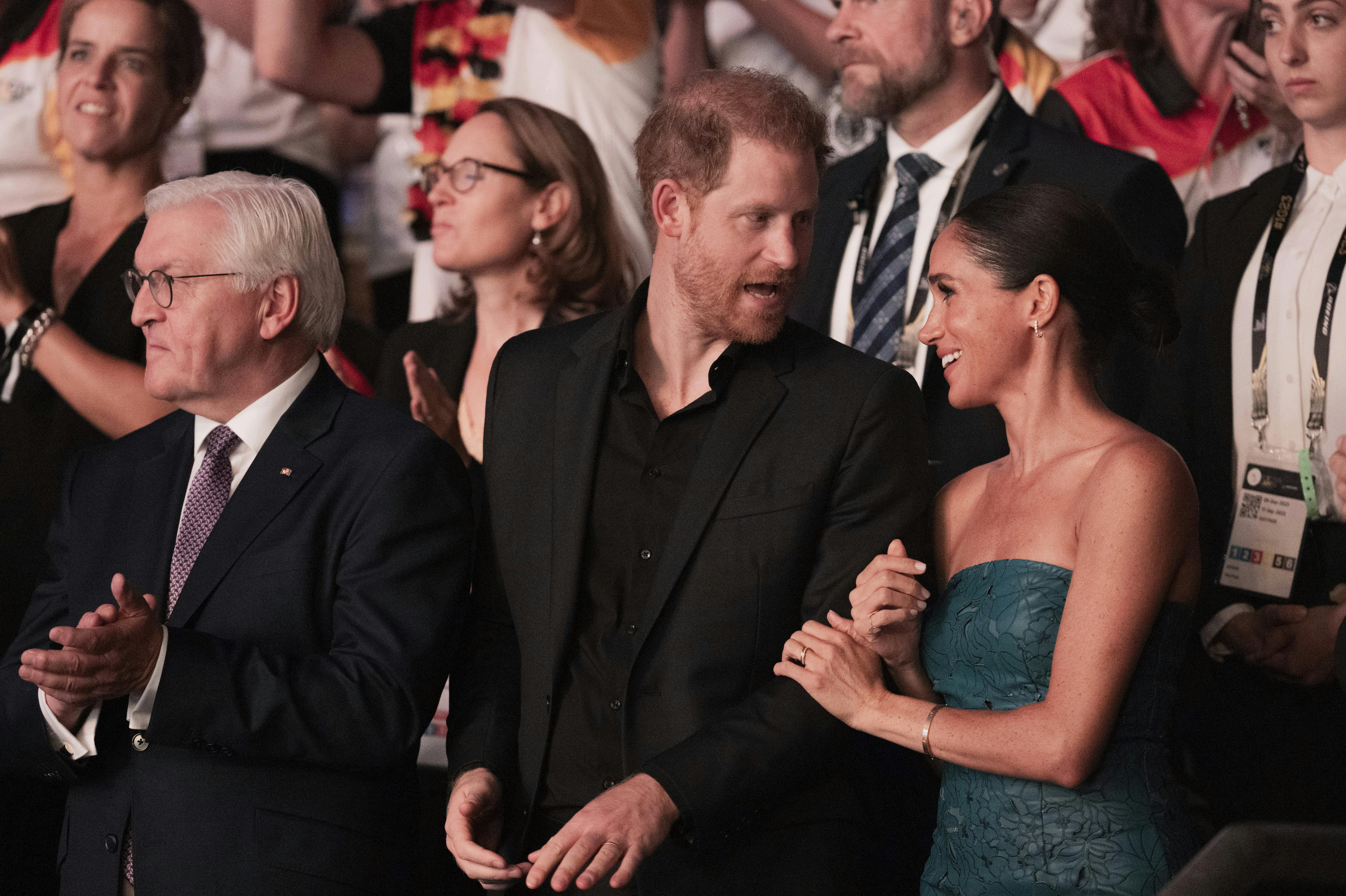 Britain's Prince Harry and Meghan, The Duchess of Sussex and German President Frank-Walter Steinmeier attend the closing ceremony of the 6th Invictus Games at the Merkur Spiel Arena, in Duesseldorf, Saturday Sept. 16, 2023. The Paralympic competition for war-disabled athletes was hosted in Germany for the first time. (Rolf Vennenbernd/dpa via AP)