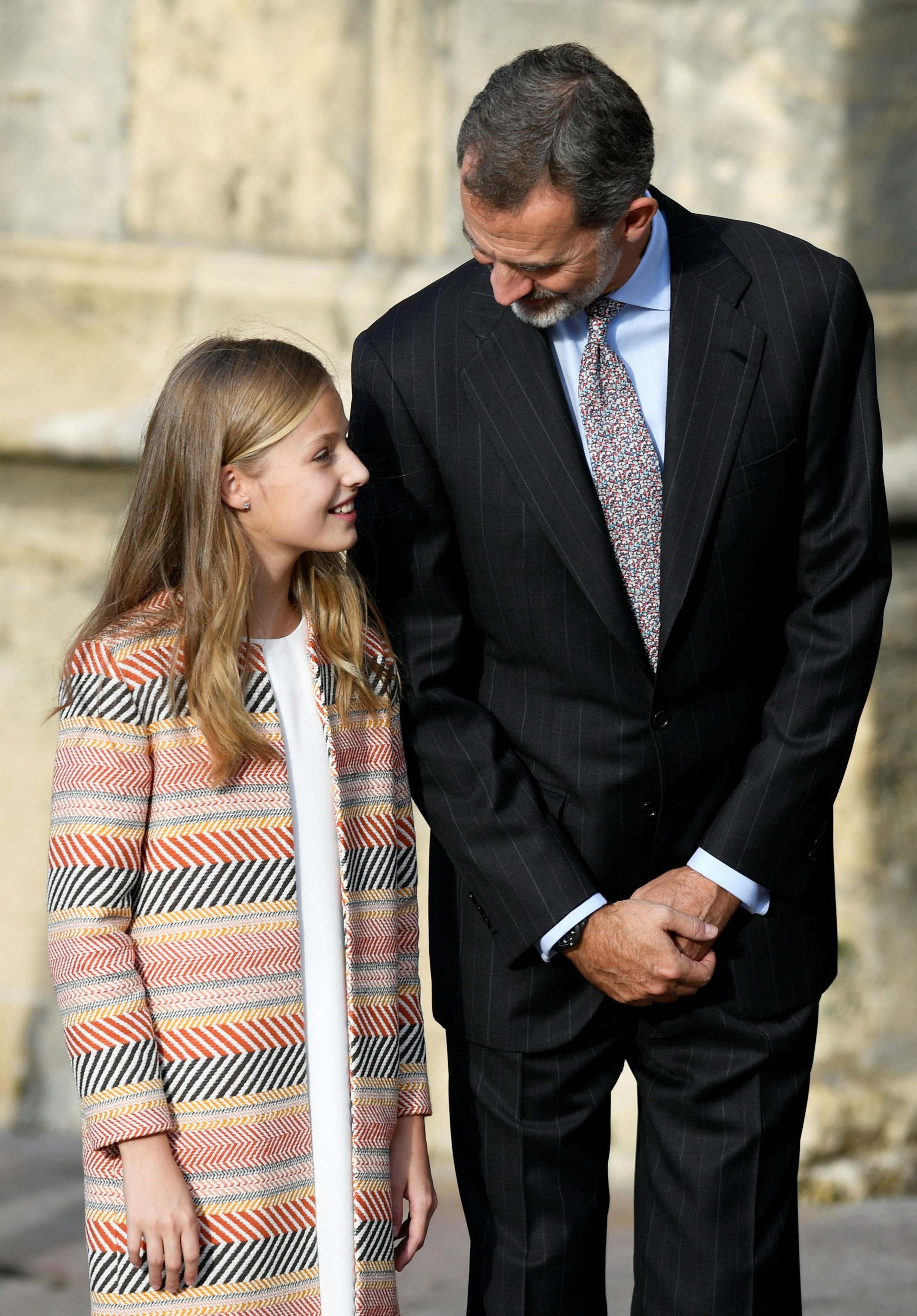 Spain's King Felipe and Princess Leonor along with Queen Letizia, and Princess Sofia (not pictured) visit the Cathedral in Oviedo, Spain, October 17, 2019. REUTERS/Eloy Alonso