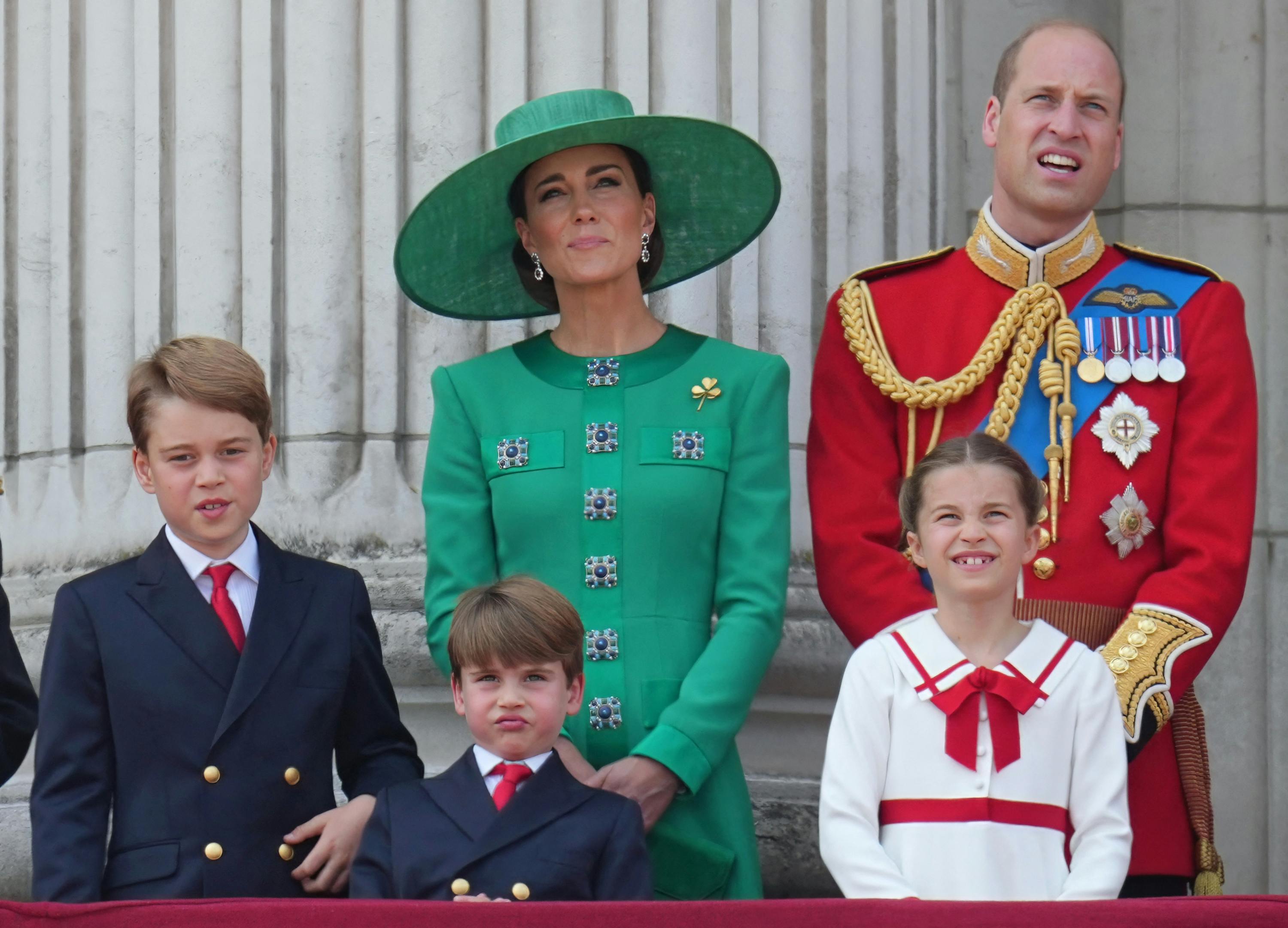 Members of the Royal Family attend Trooping the Colour at Buckingham Palace, London, UK, on the 17th June 2023. 17 Jun 2023 Pictured: Prince George, Prince Louis, Catherine, Princess of Wales, Kate Middleton, Princess Charlotte, Prince William, Prince of Wales. Photo credit: James Whatling / MEGA TheMegaAgency.com +1 888 505 6342 (Mega Agency TagID: MEGA996761_022.jpg) [Photo via Mega Agency]