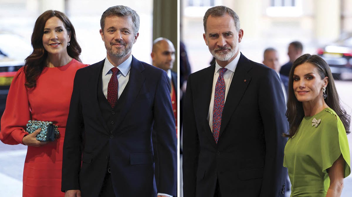 Det danske kronprinspar og det spanske kongepar til reception i forbindelse med kong Charles' kroning i maj 2023. 