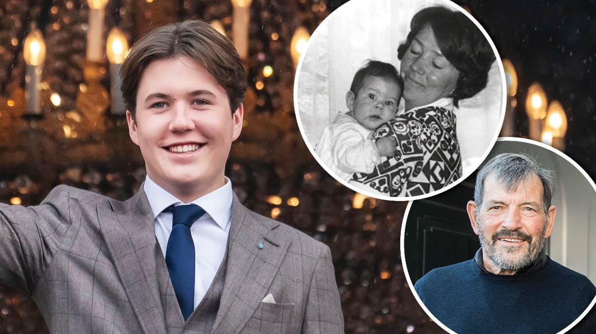 Prins Christian med sin mormor og morfar, Etta og John. På det sort/hvide billeder holder Etta sin yngste datter, Danmarks kronprinsesse Mary.