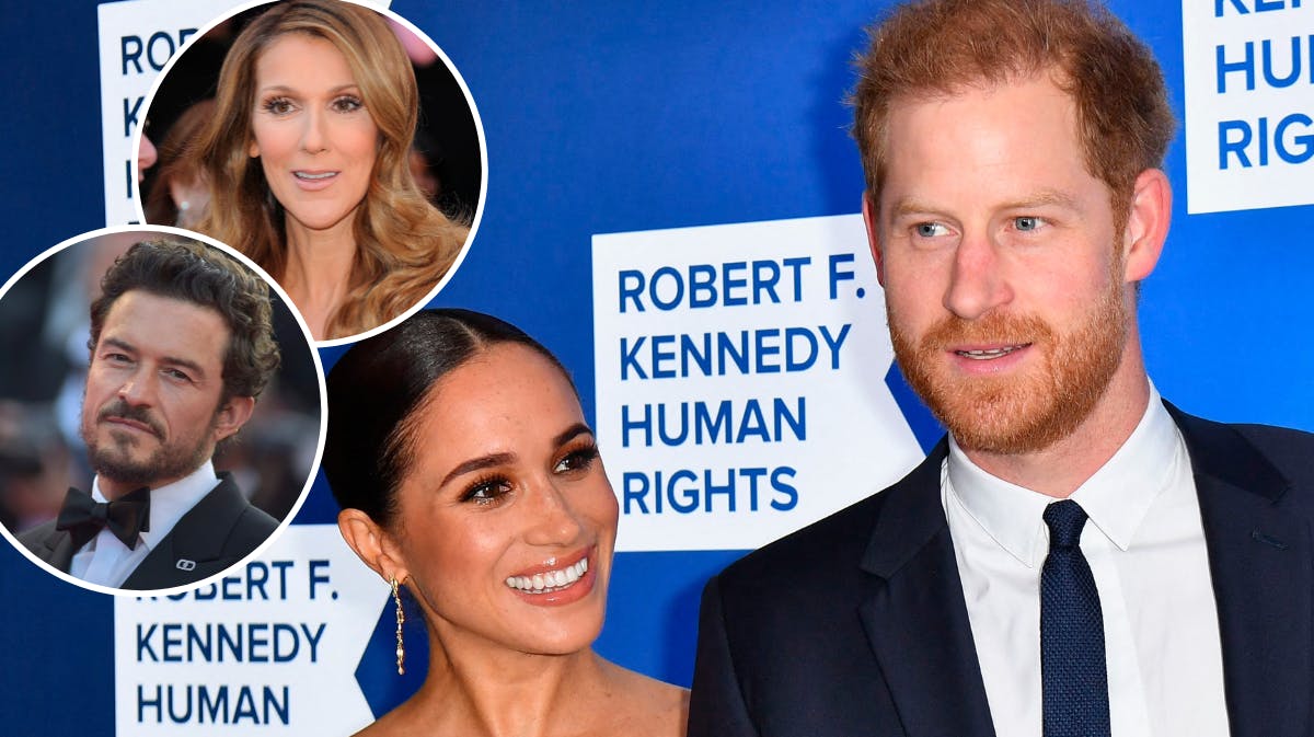 Hertuginde Meghan og prins Harry. Indsatte billeder: Orlando Bloom og Céline Dion.