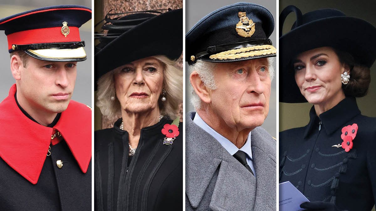 Prins William, dronning Camilla, kong Charles og prinsesse Catherine. 