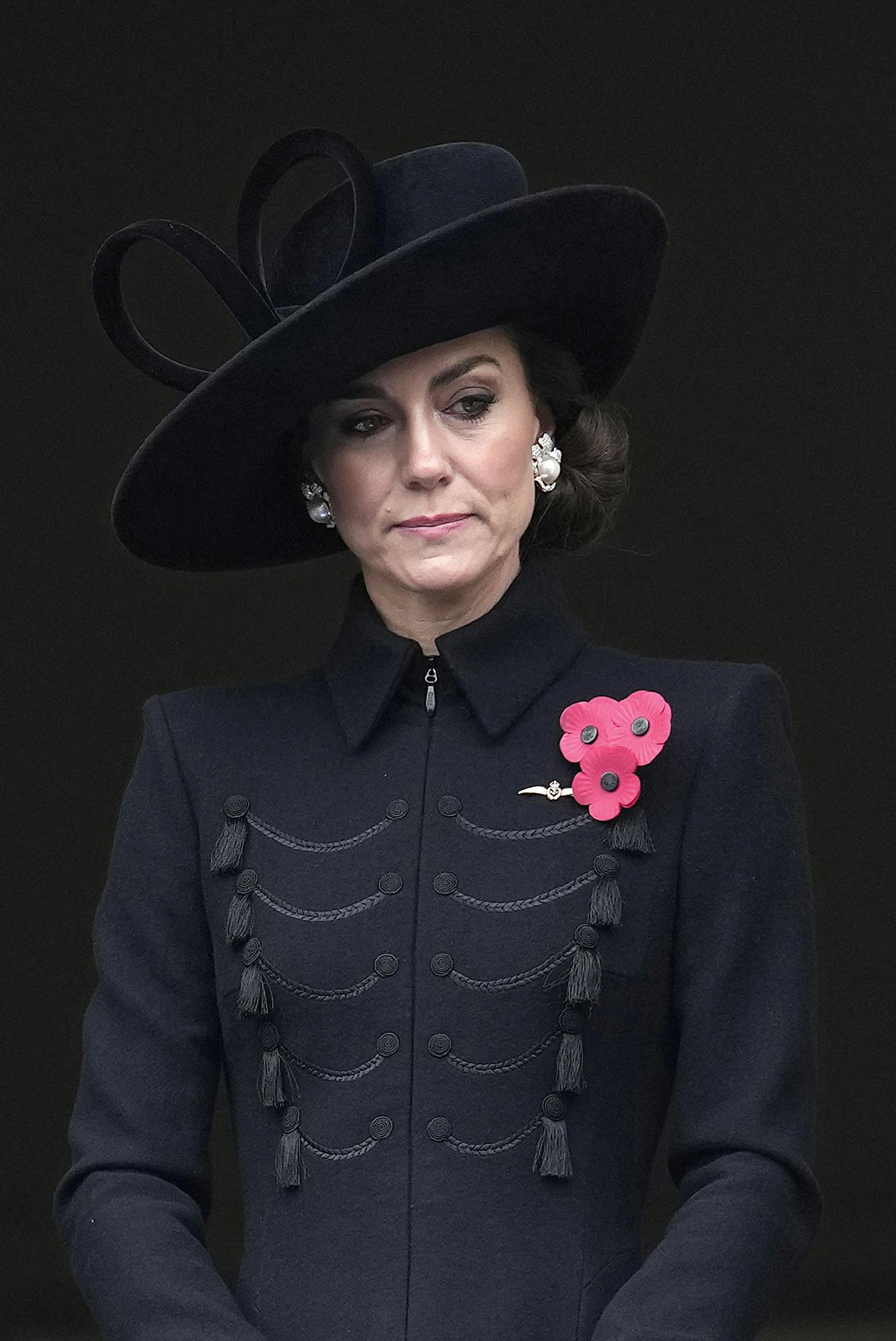 Britain's Catherine, Princess of Wales attends the National Service of Remembrance at the Cenotaph on Whitehall in central London, on November 12, 2023. Remembrance Sunday is an annual commemoration held on the closest Sunday to Armistice Day, November 11, the anniversary of the end of the First World War and services across Commonwealth countries remember servicemen and women who have fallen in the line of duty since WWI. (Photo by Kin Cheung / POOL / AFP)