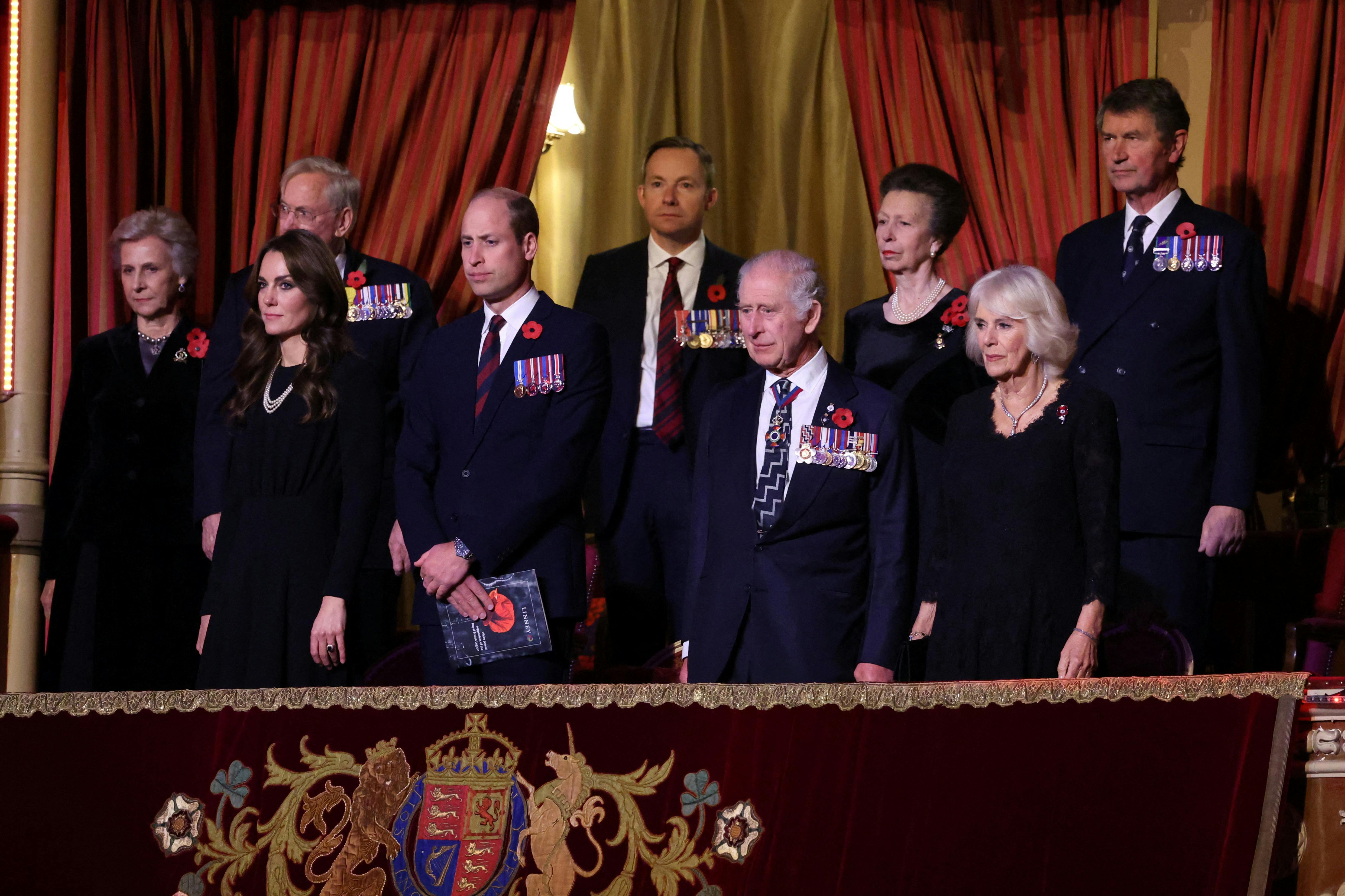 Birgitte, Duchess of Gloucester, Prince William, Prince of Wales, Catherine, Princess of Wales, King Charles III, Queen Camila, Anne, Princess Royal, and Vice Admiral Sir Timothy Laurence attend The Royal British Legion Festival of Remembrance at Royal Albert Hall in London, Britain, November 11, 2023. Chris Jackson/Pool via REUTERS