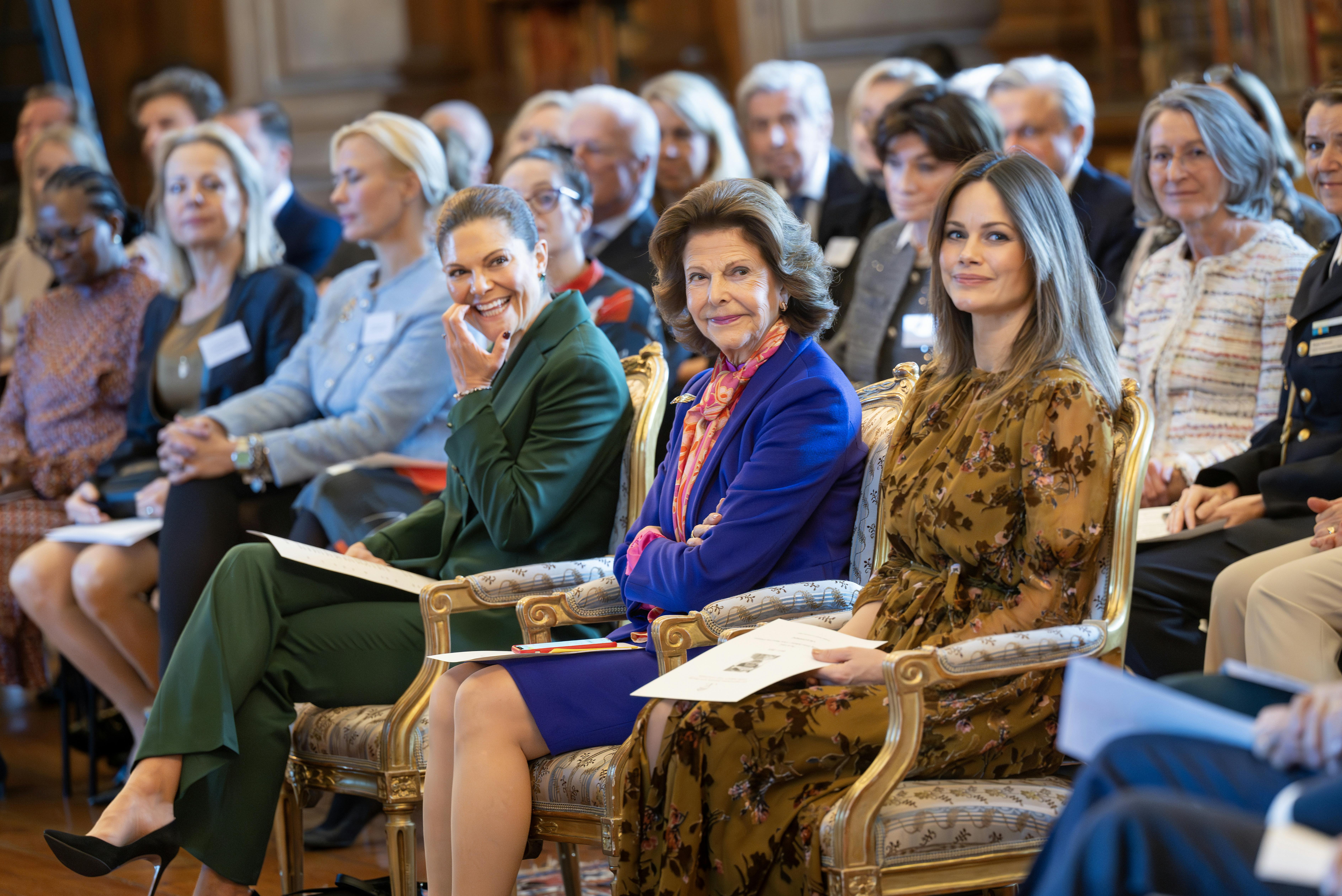 Sweden's Crown Princess Victoria, Queen Silvia and Princess Sofia at the Care About the Children (CATCH) seminar at the Royal Palace, in Stockholm, Sweden, on November 16, 2023. Photo: Jonas Ekströmer / TT / code 10030