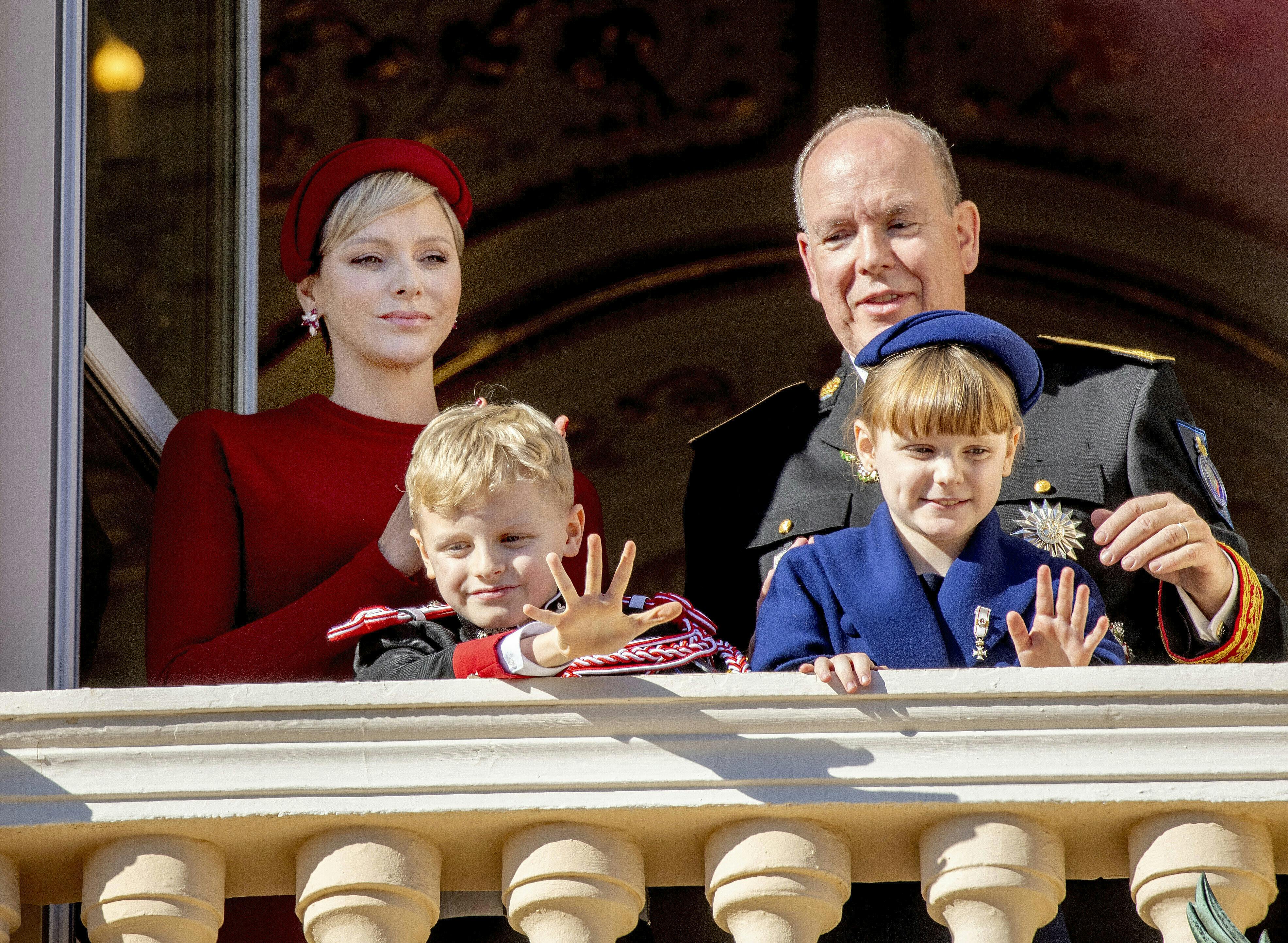 Princess Caroline of Hanover, Andrea Casiraghi and Charlotte Casiraghi of Monaco on the balcony of the Princely Palace in Monaco-Ville, on November 19, 2023, during the Monaco national day celebrations Photo by: Albert Nieboer/picture-alliance/dpa/AP Images