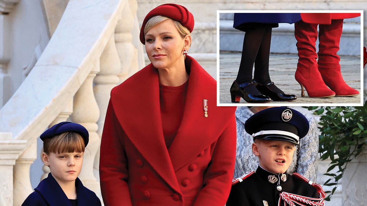 Prinsesse Gabriella, fyrstinde Charlene og prins Jacques ved Monacos Nationaldag 2023.&nbsp;
