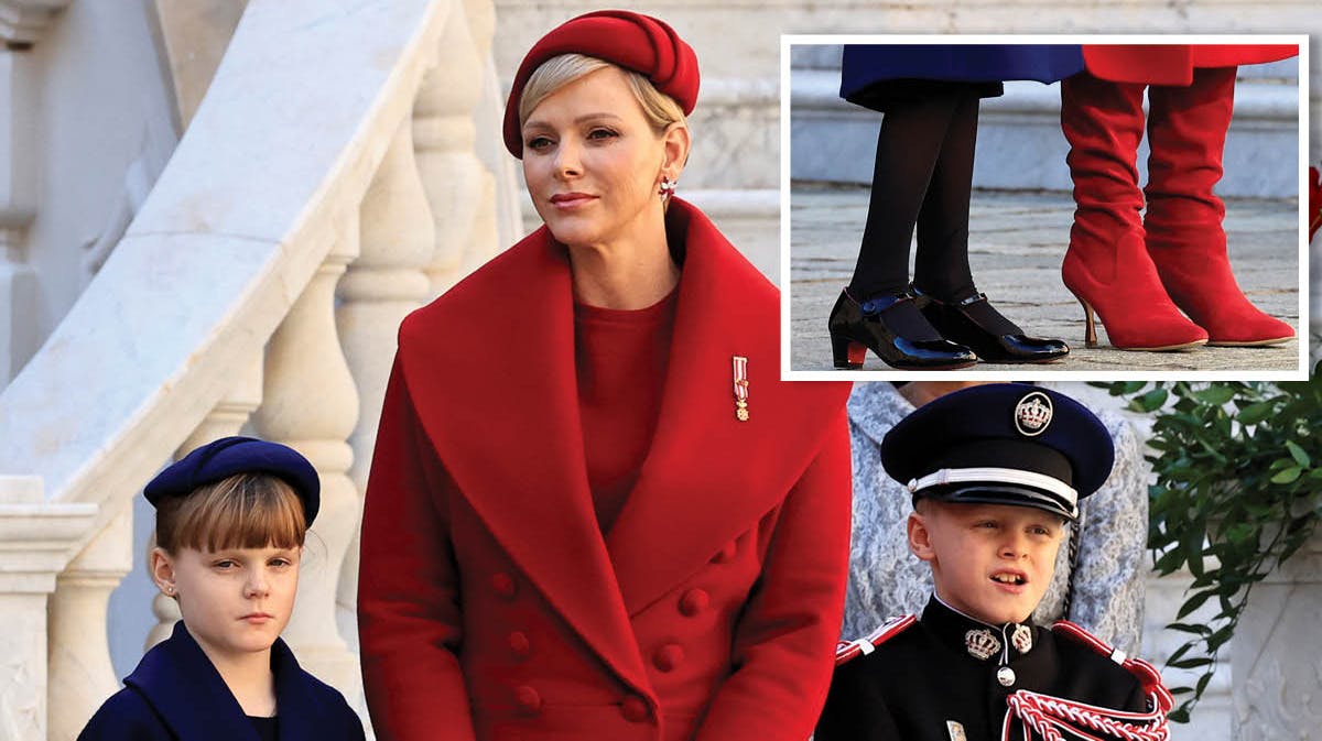 Prinsesse Gabriella, fyrstinde Charlene og prins Jacques ved Monacos Nationaldag 2023.&nbsp;