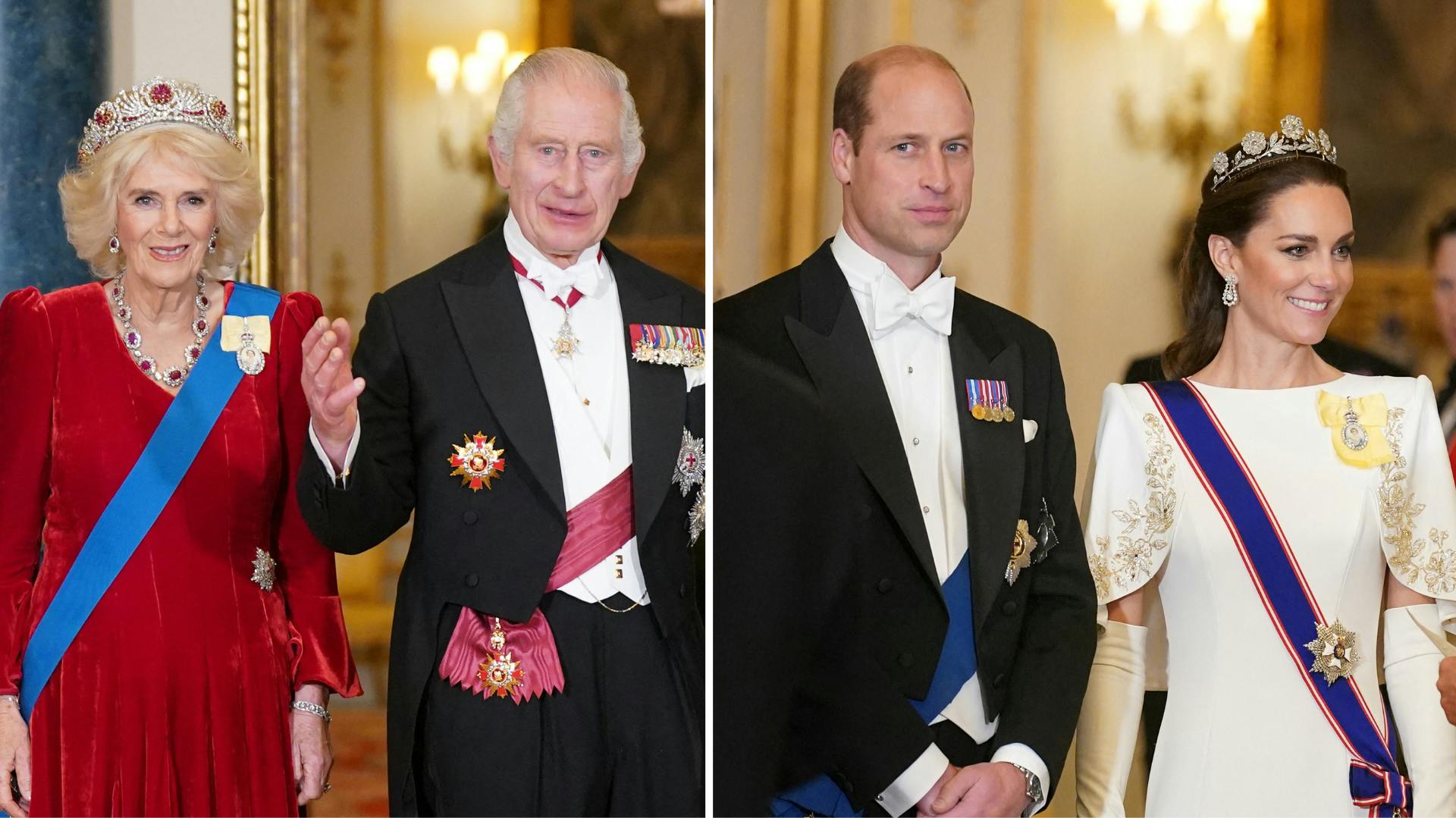 Dronning Camilla, kong Charles, prins William og prinsesse Catherine. 