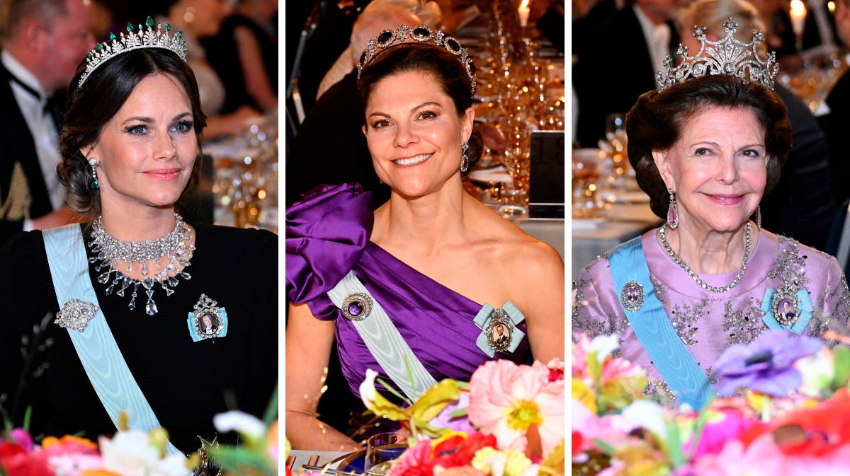 Prinsesse Sofia, kronprinsesse Victoria og dronning Silvia under søndagens nobelbanket. 