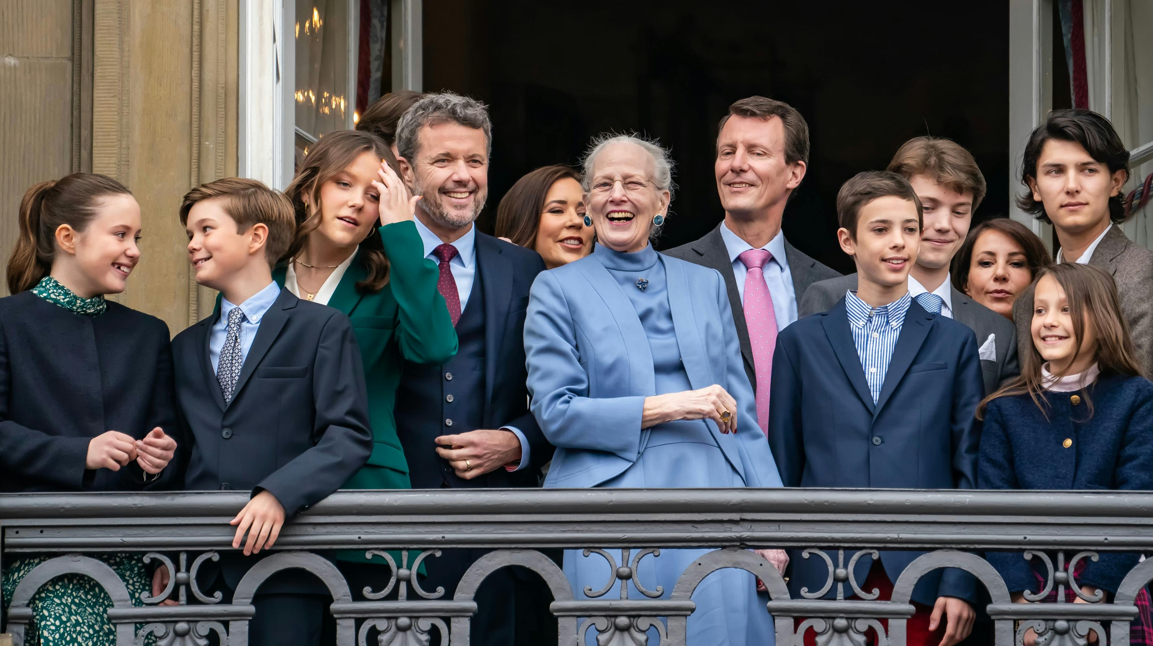 Den kongelige familie i forbindelse med dronning Margrethes fødselsdag i 2023. 